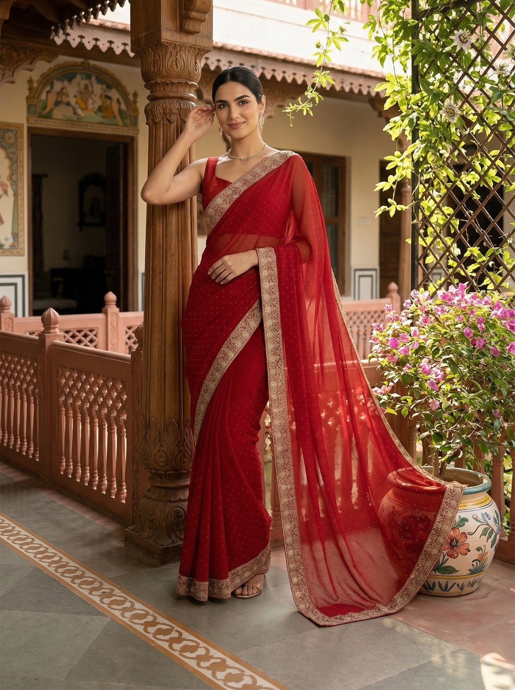 Woman in a red saree standing in an outdoor setting with decorative elements.
