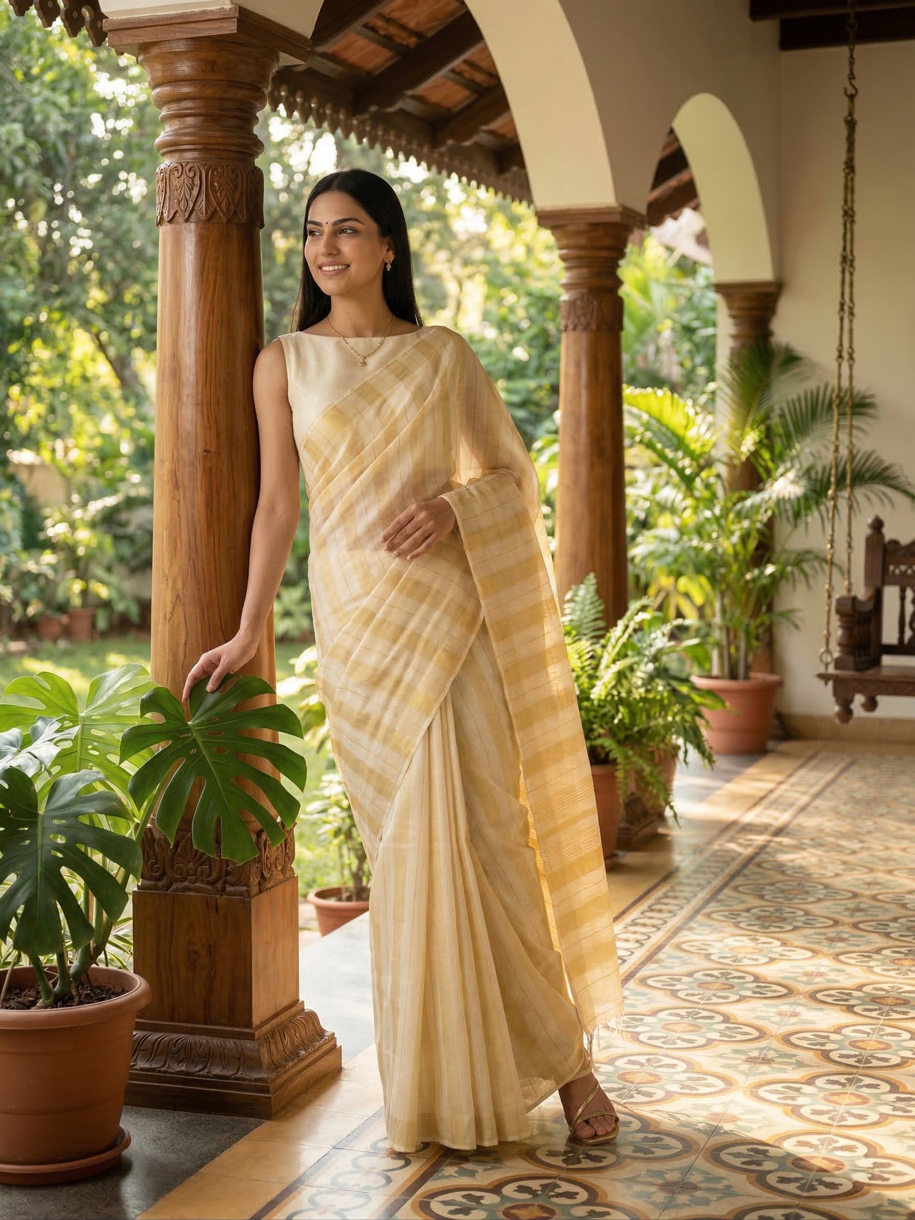Woman in a beige saree standing in a garden setting with plants and architectural columns.