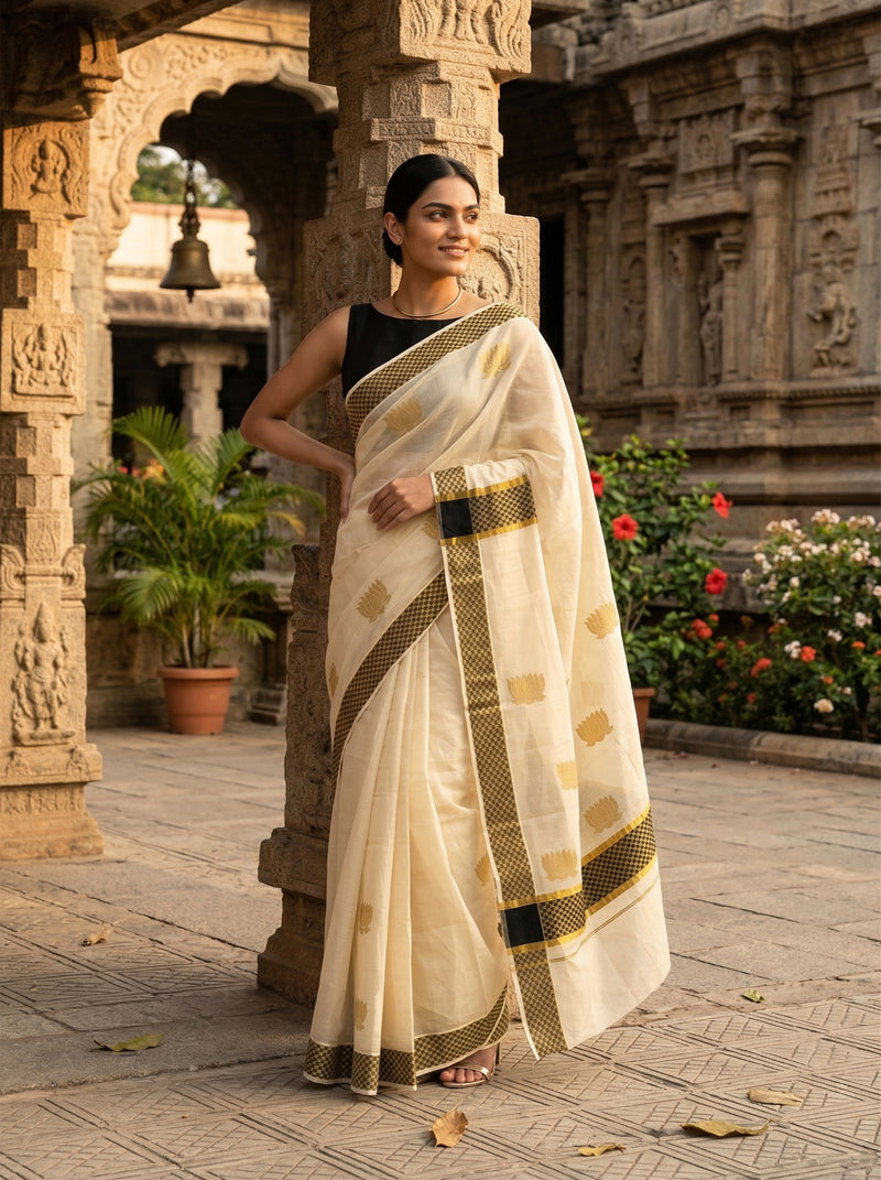 Woman in a white saree with gold and black patterns standing in front of an architectural structure.