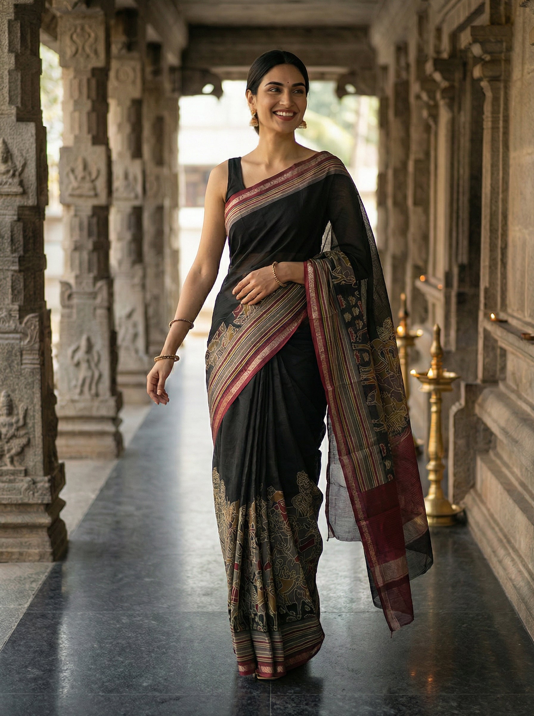 Cotton Black Saree with Maroon Border and Gold Motifs