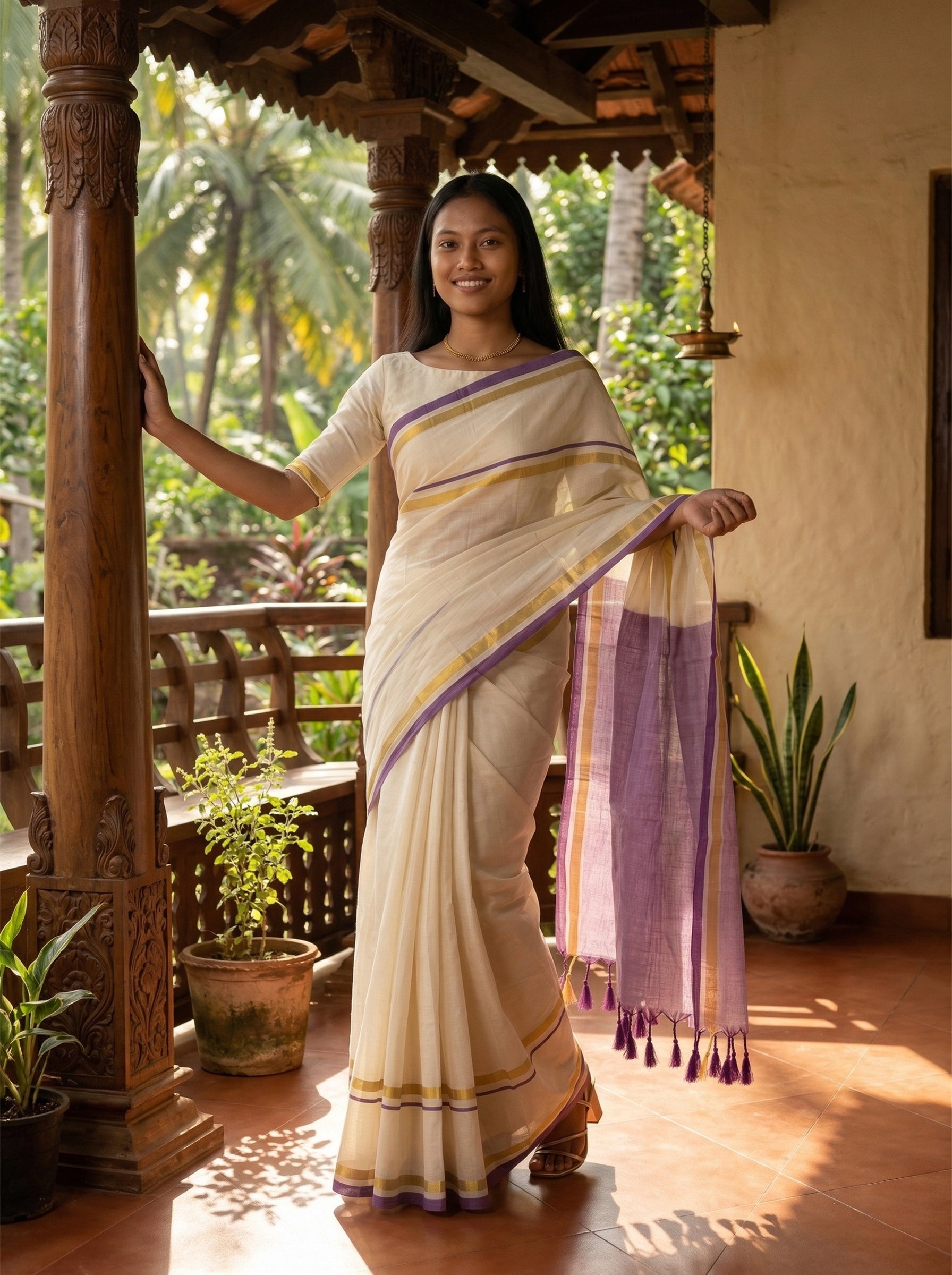 Woman in a traditional saree standing on a wooden porch with plants and greenery in the background