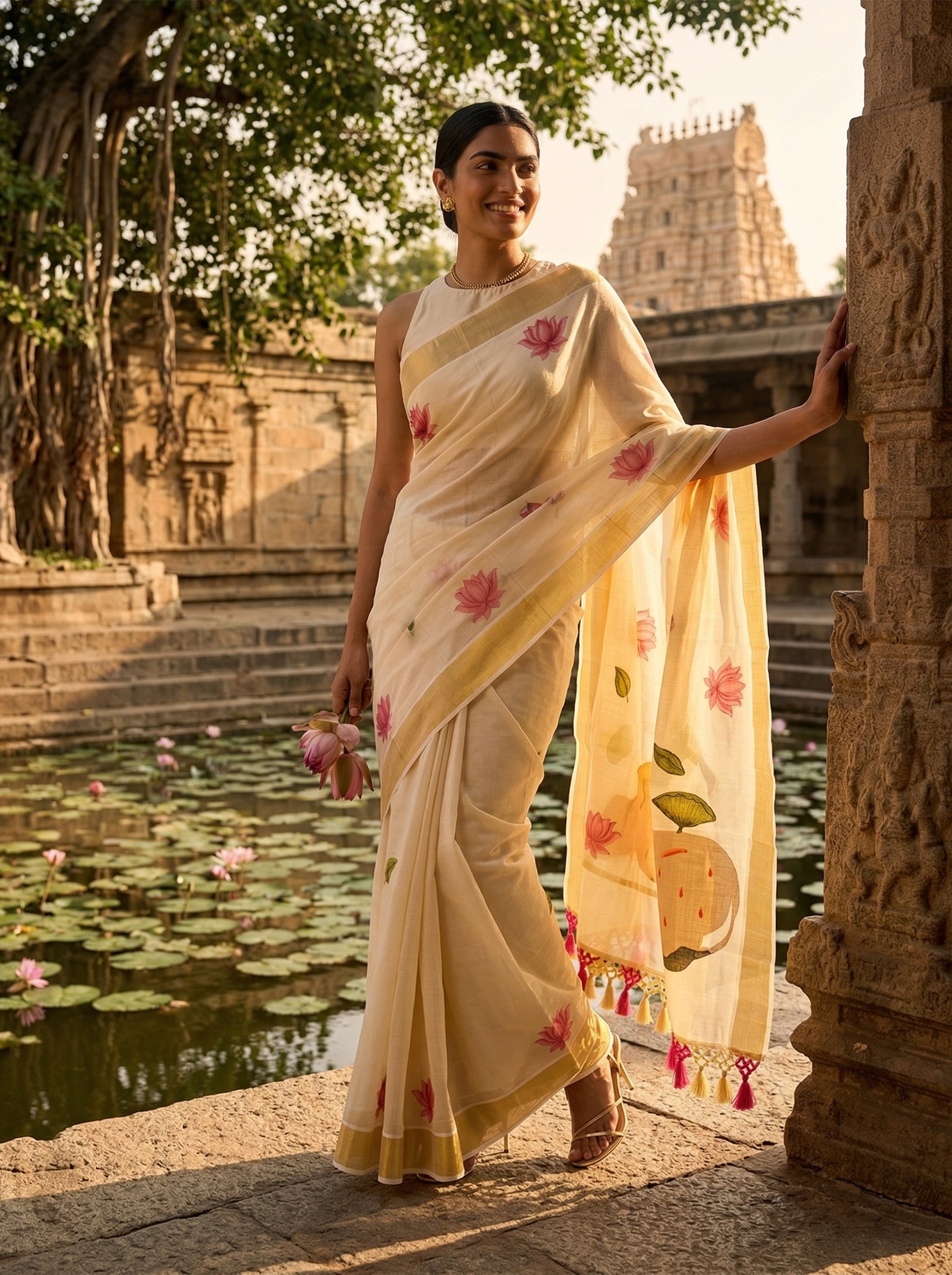 Woman in a traditional saree standing in front of a temple with a pond and trees in the background