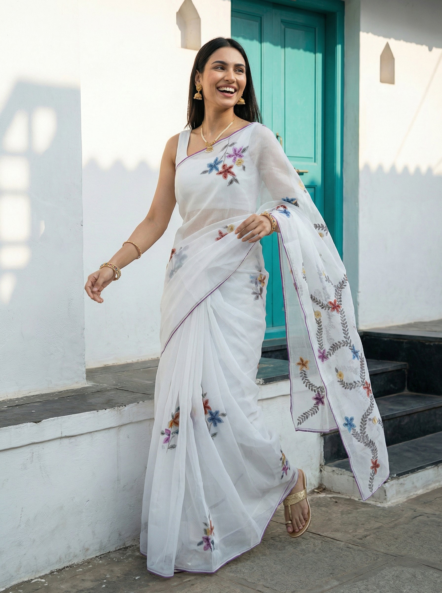 Cotton Pure White Saree with Delicate Floral Work