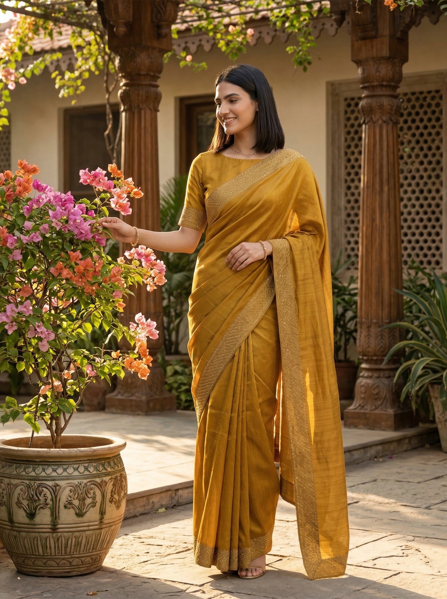 Woman in a yellow saree standing next to a potted plant with flowers in an outdoor setting.