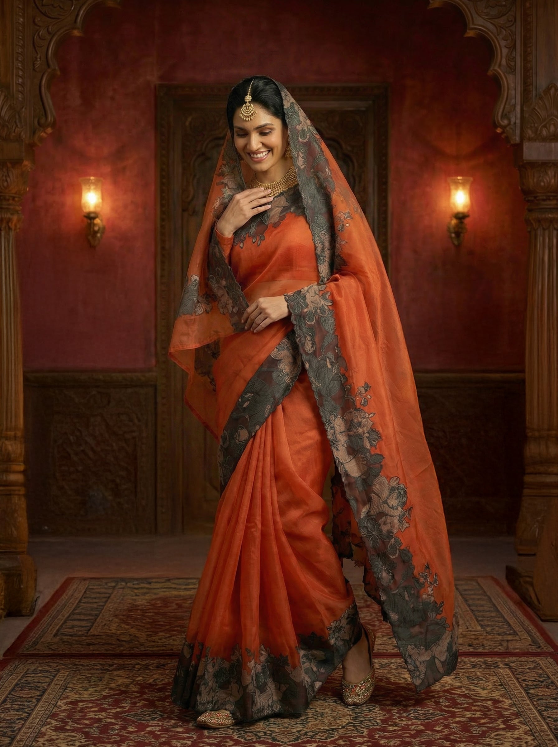 Rust Glow Midnight Floral Saree