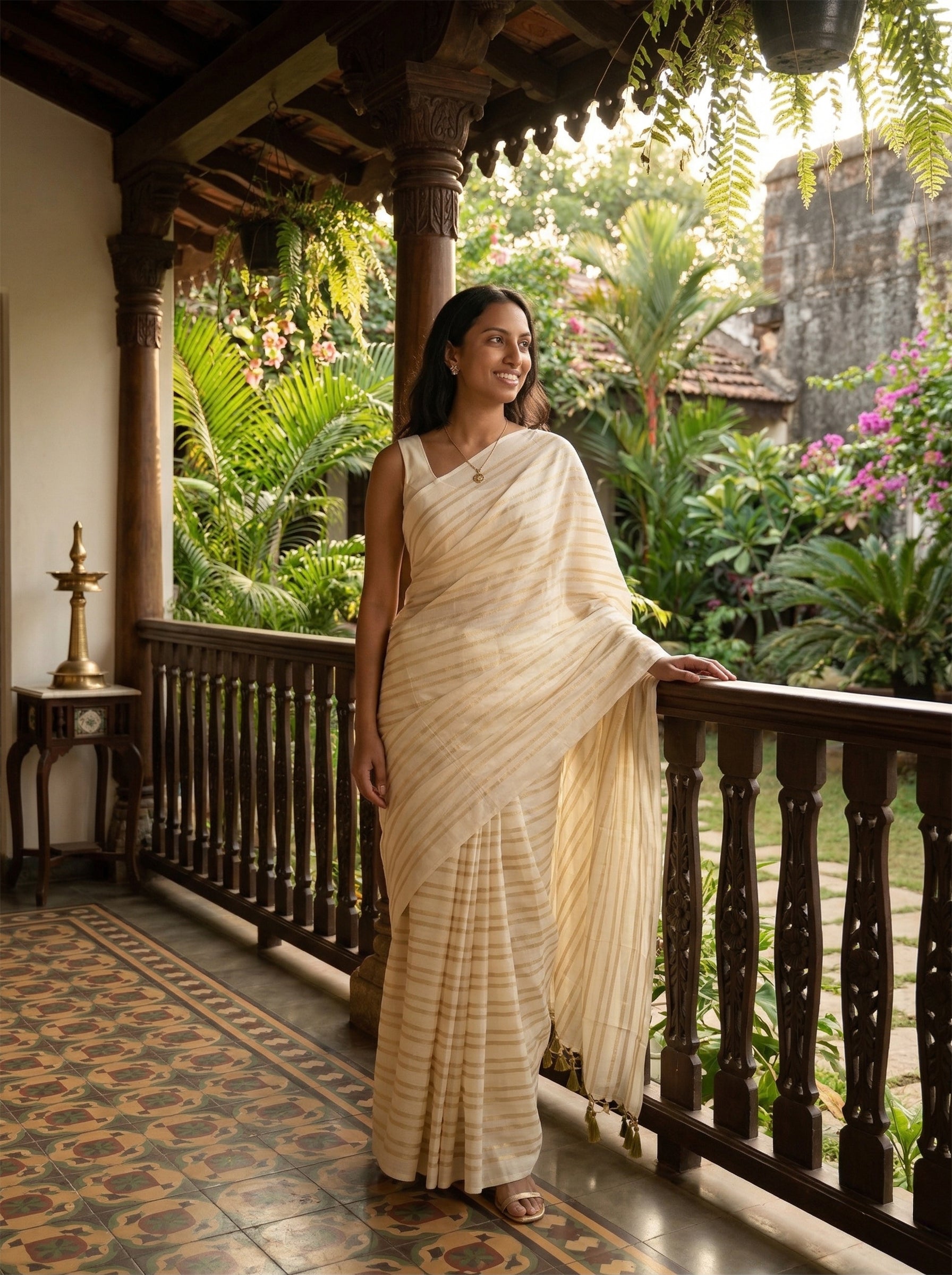 Woman in a white saree standing on a balcony with lush greenery in the background