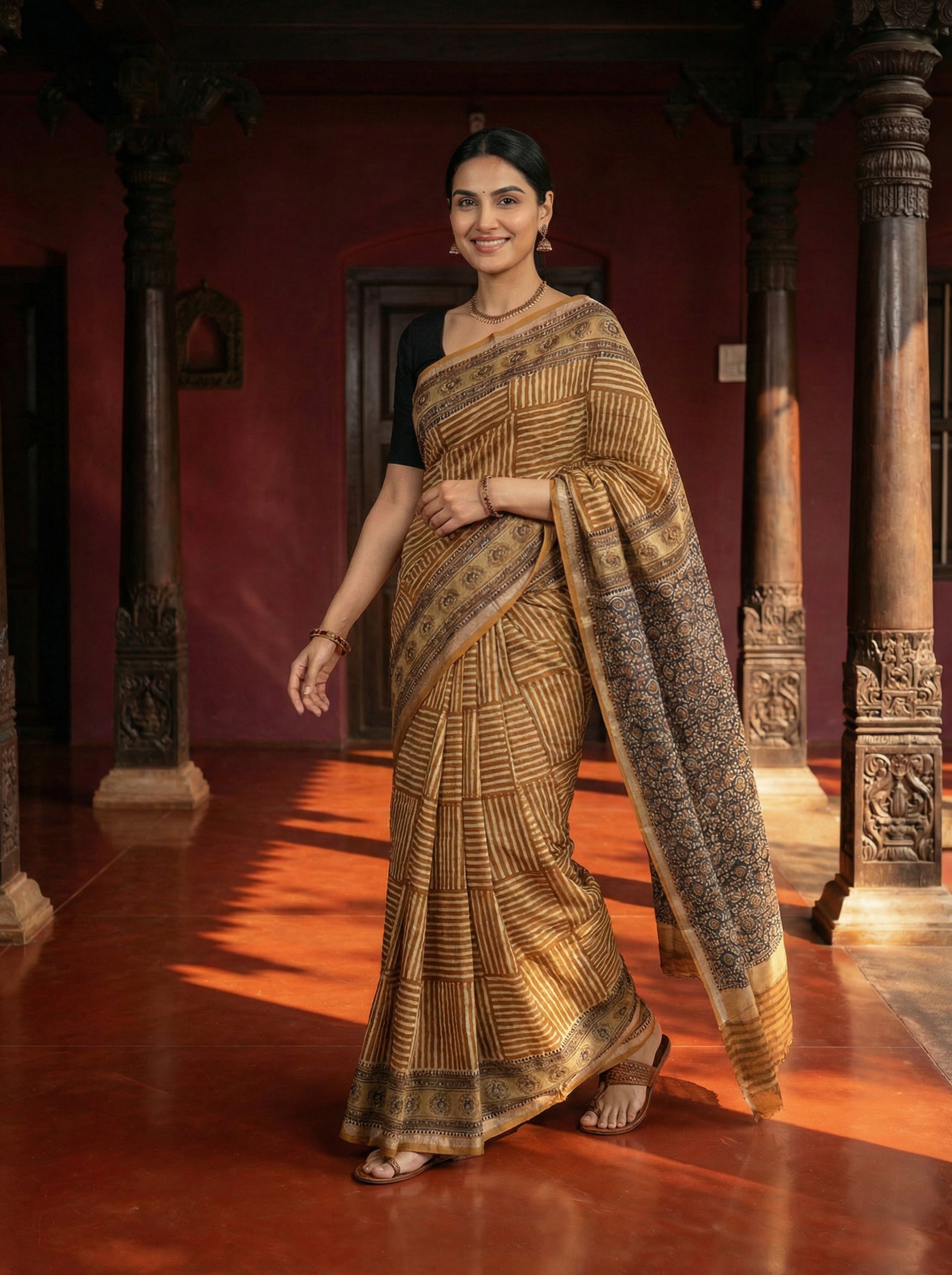 Cotton Handloom Style Mustard Brown Saree with Printed Pallu