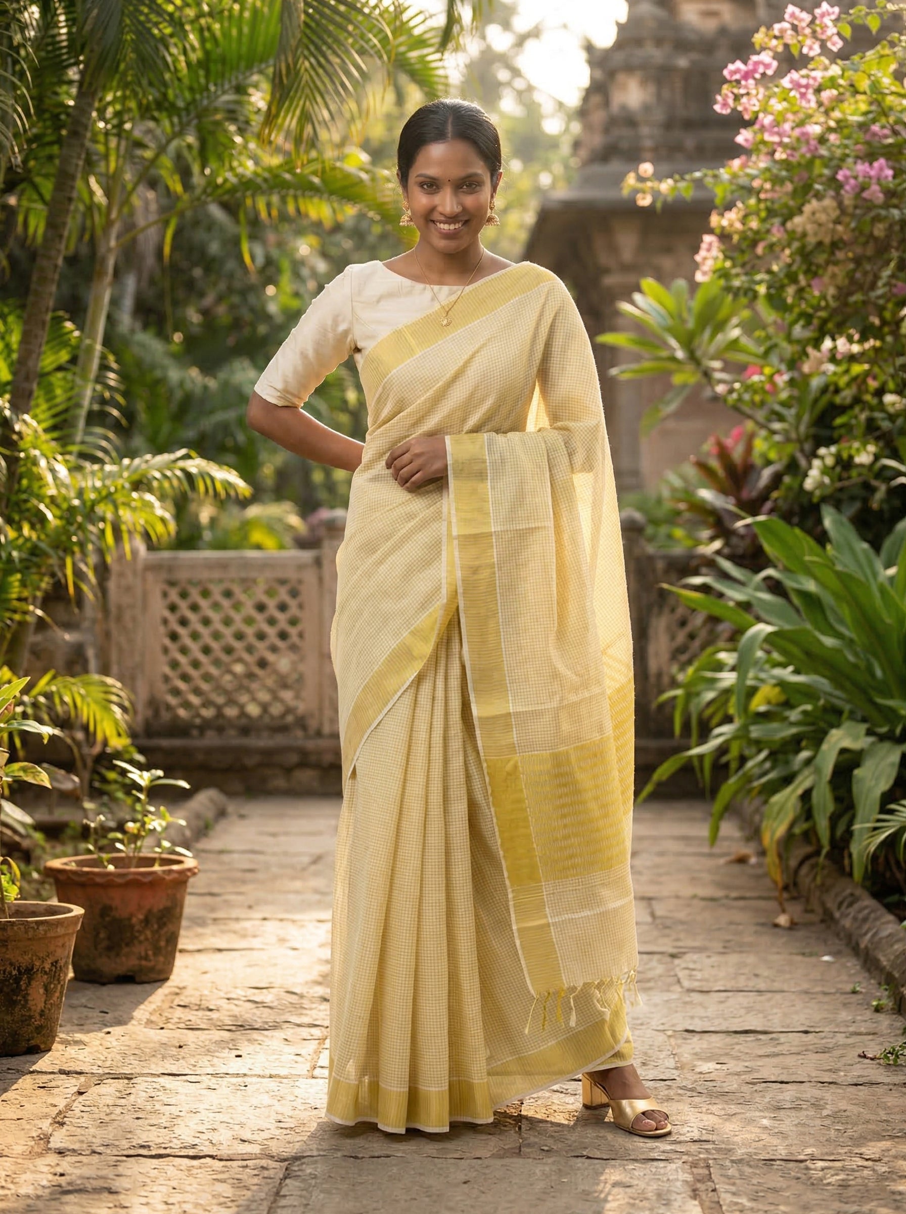 Woman in a yellow saree standing in a garden