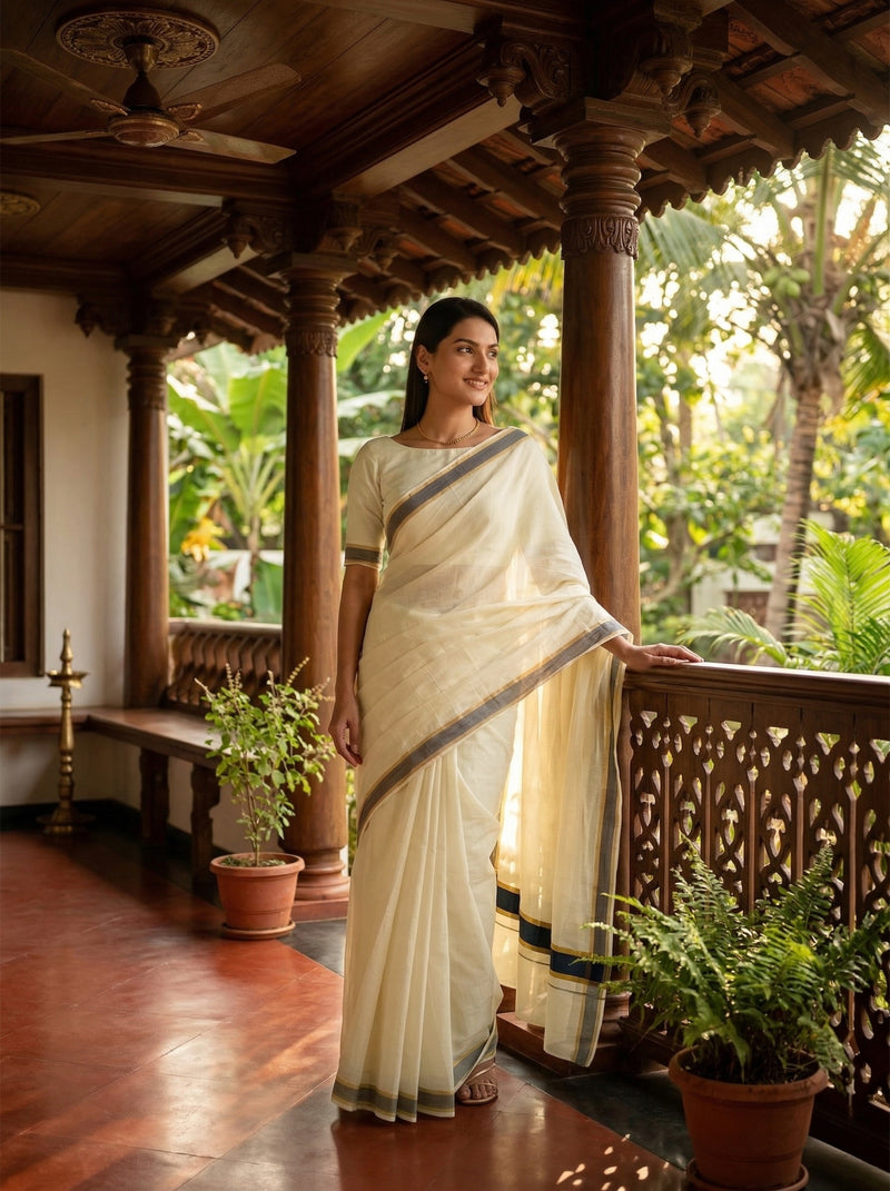 Woman in a white saree standing on a wooden floor with plants and a traditional setting.