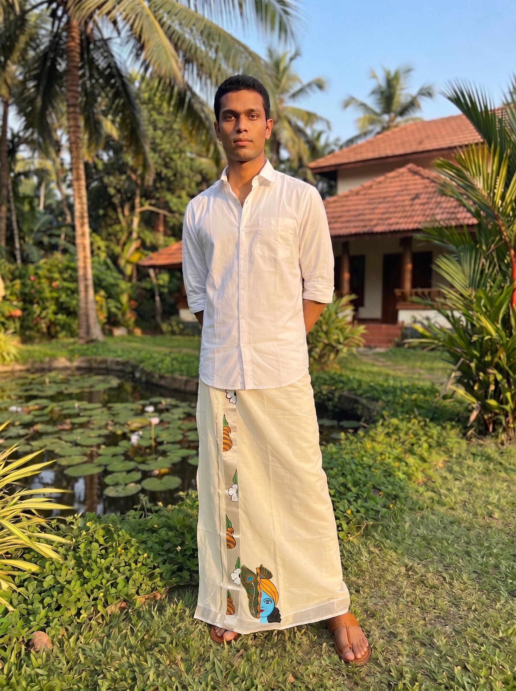 Man in traditional attire standing in a garden with palm trees and a house in the background