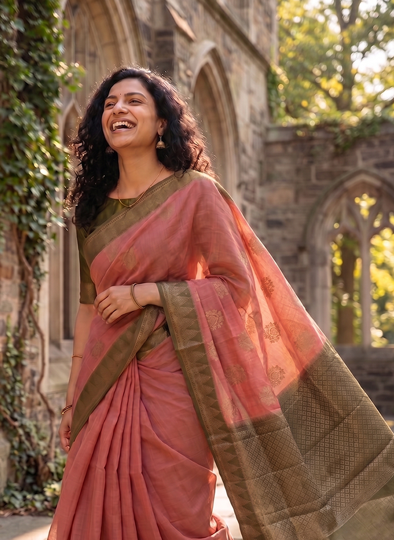 Woman in a pink saree with green border standing in front of stone architectural ruins.