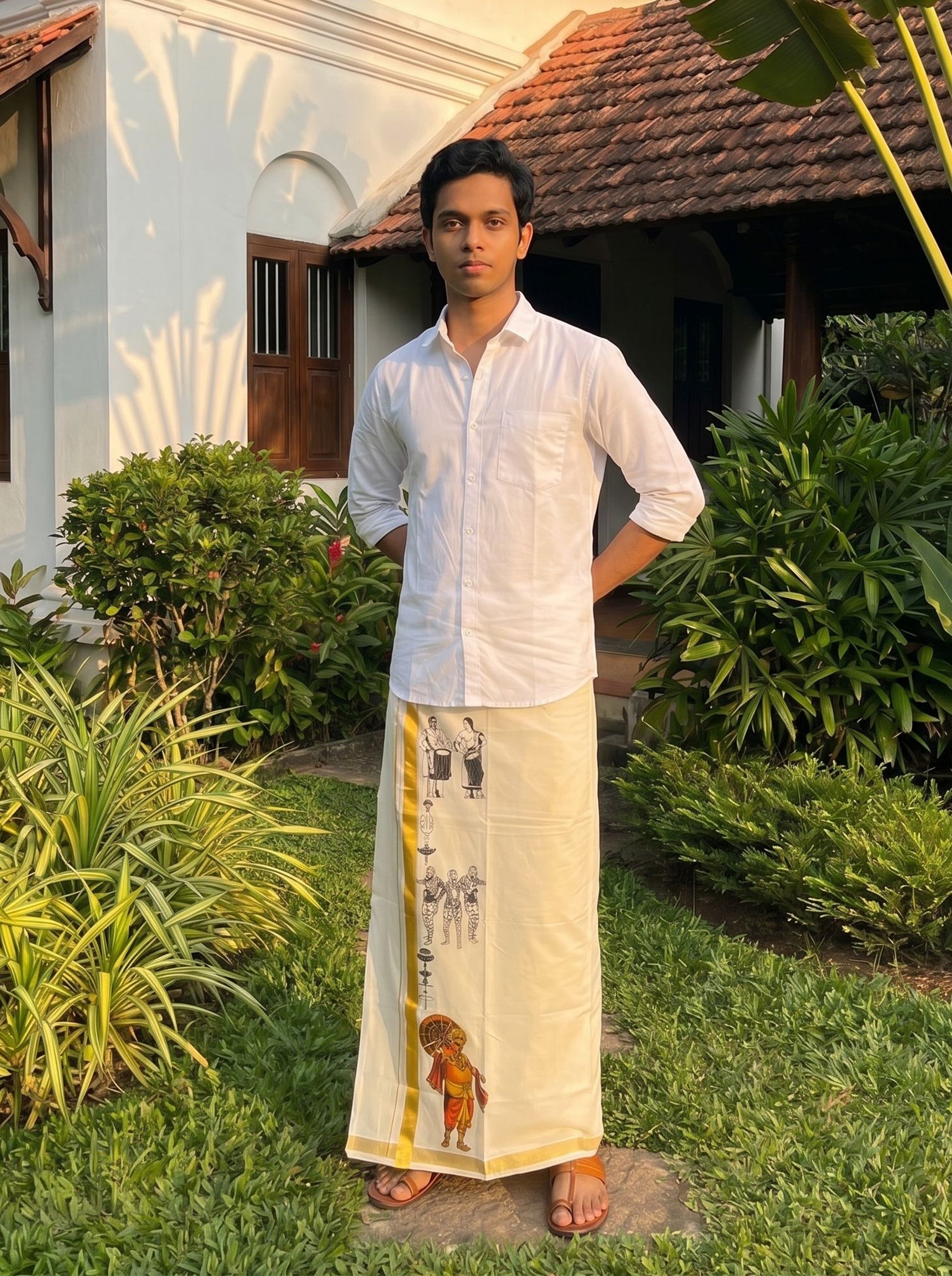 Men's Cotton Cream Golden Kasavu Border Traditional Cultural Print Kerala Dhoti