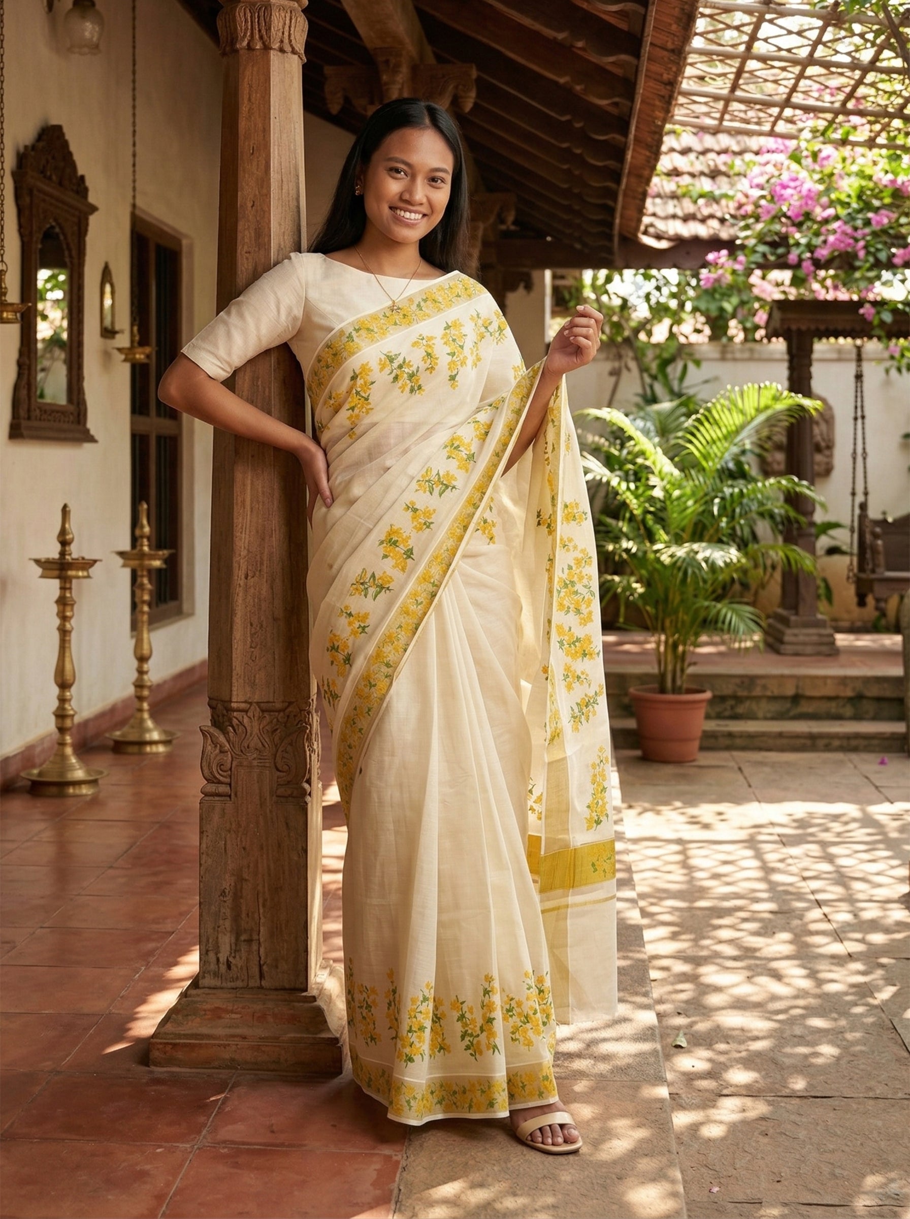 Woman in a white saree with yellow patterns standing in a traditional setting.