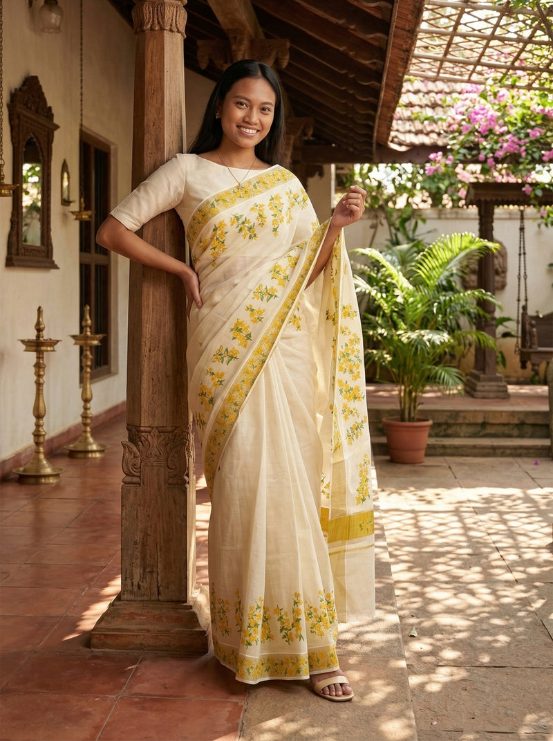 Woman in a white saree with yellow patterns standing in a traditional setting.