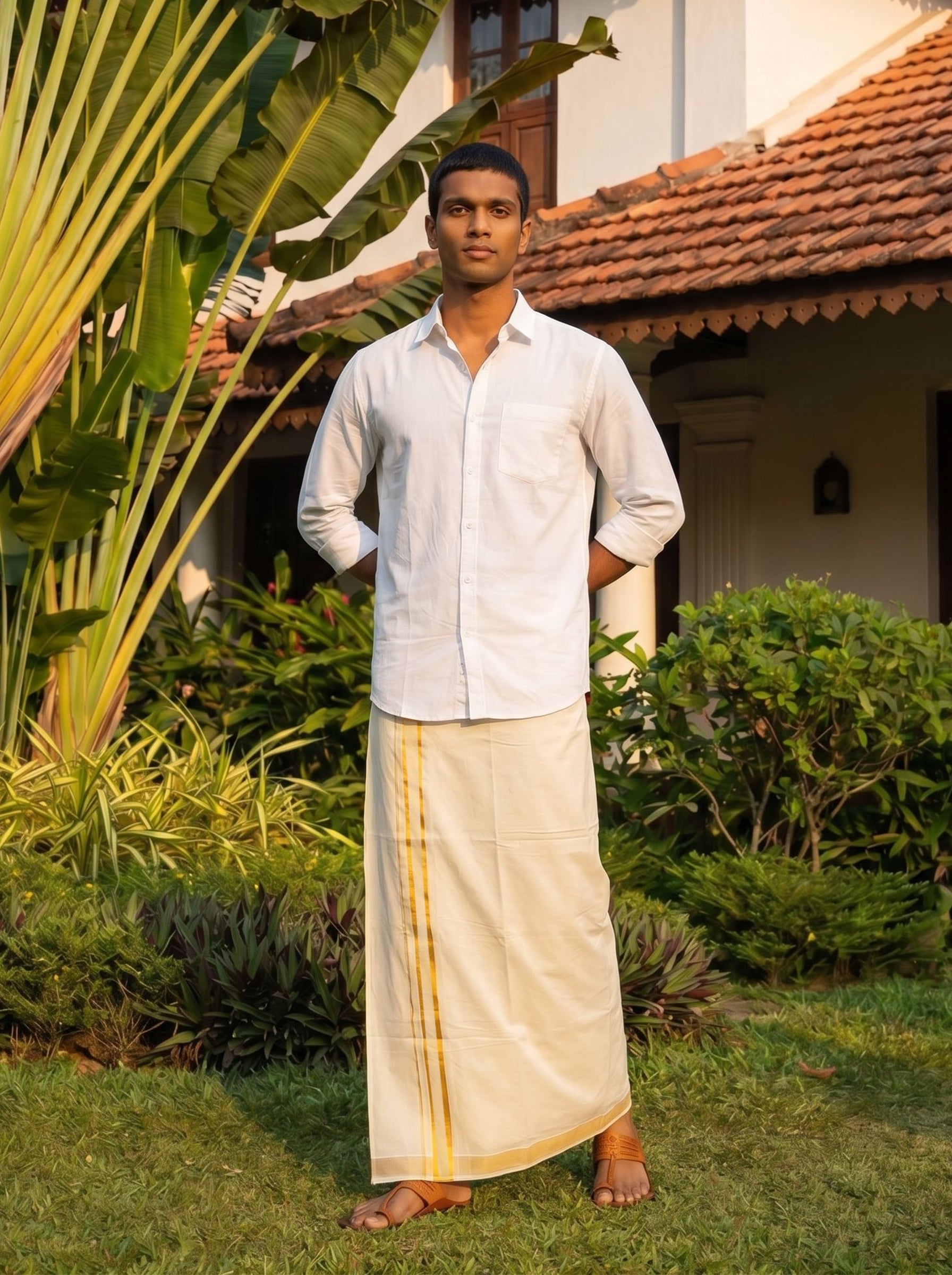 Men's Cotton Cream Traditional Wear Golden Stripe Dhoti