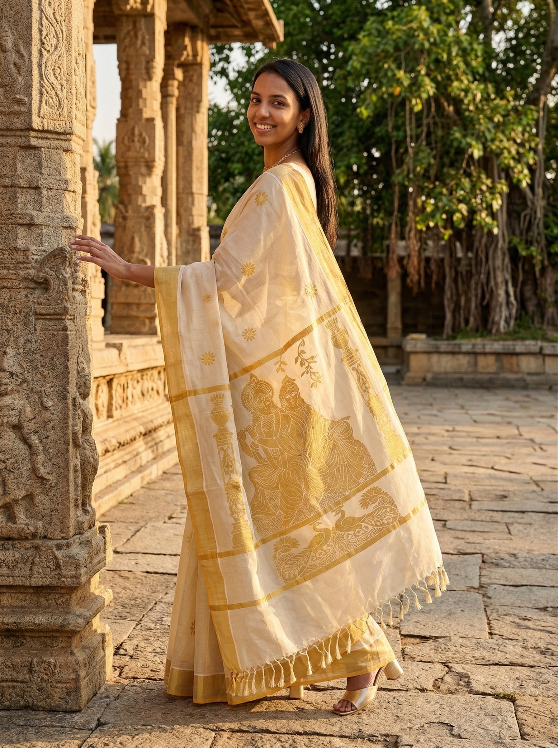 Woman in a yellow saree standing in front of stone pillars with greenery in the background