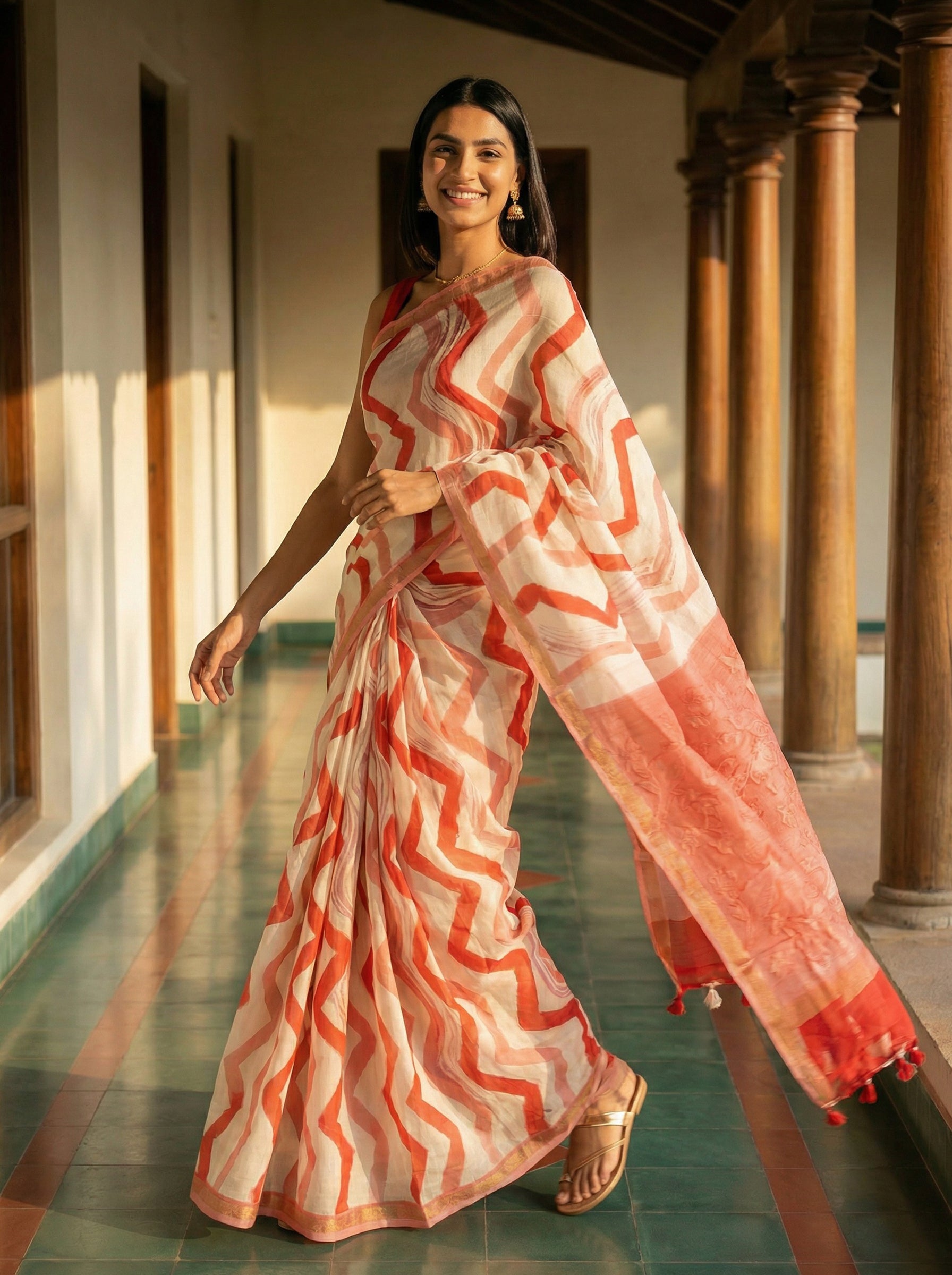 Cotton Off-White Saree with Bold Zigzag Design