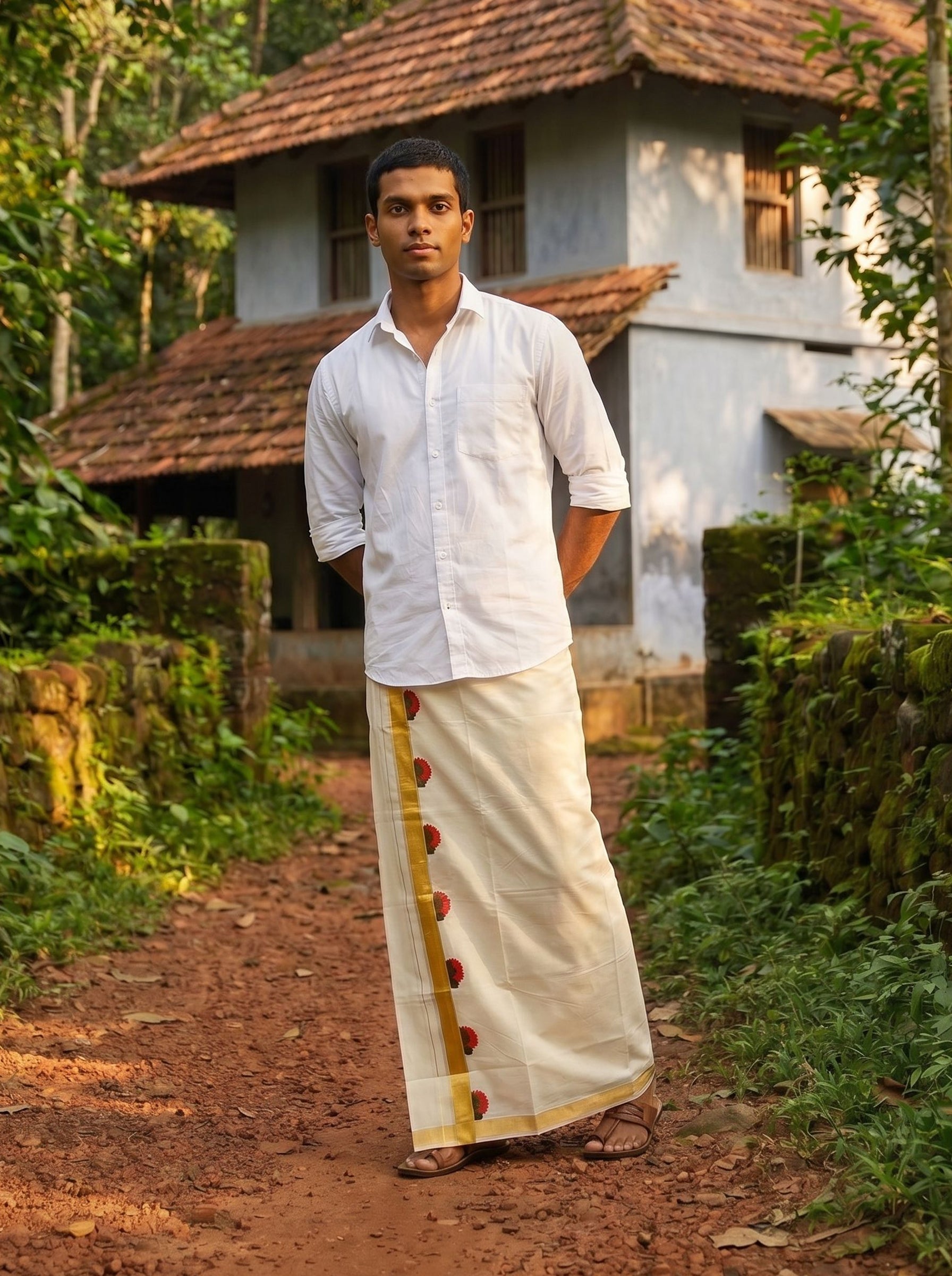 Men's Cotton Cream Black Lord Krishna With Golden Kasavu Dhoti