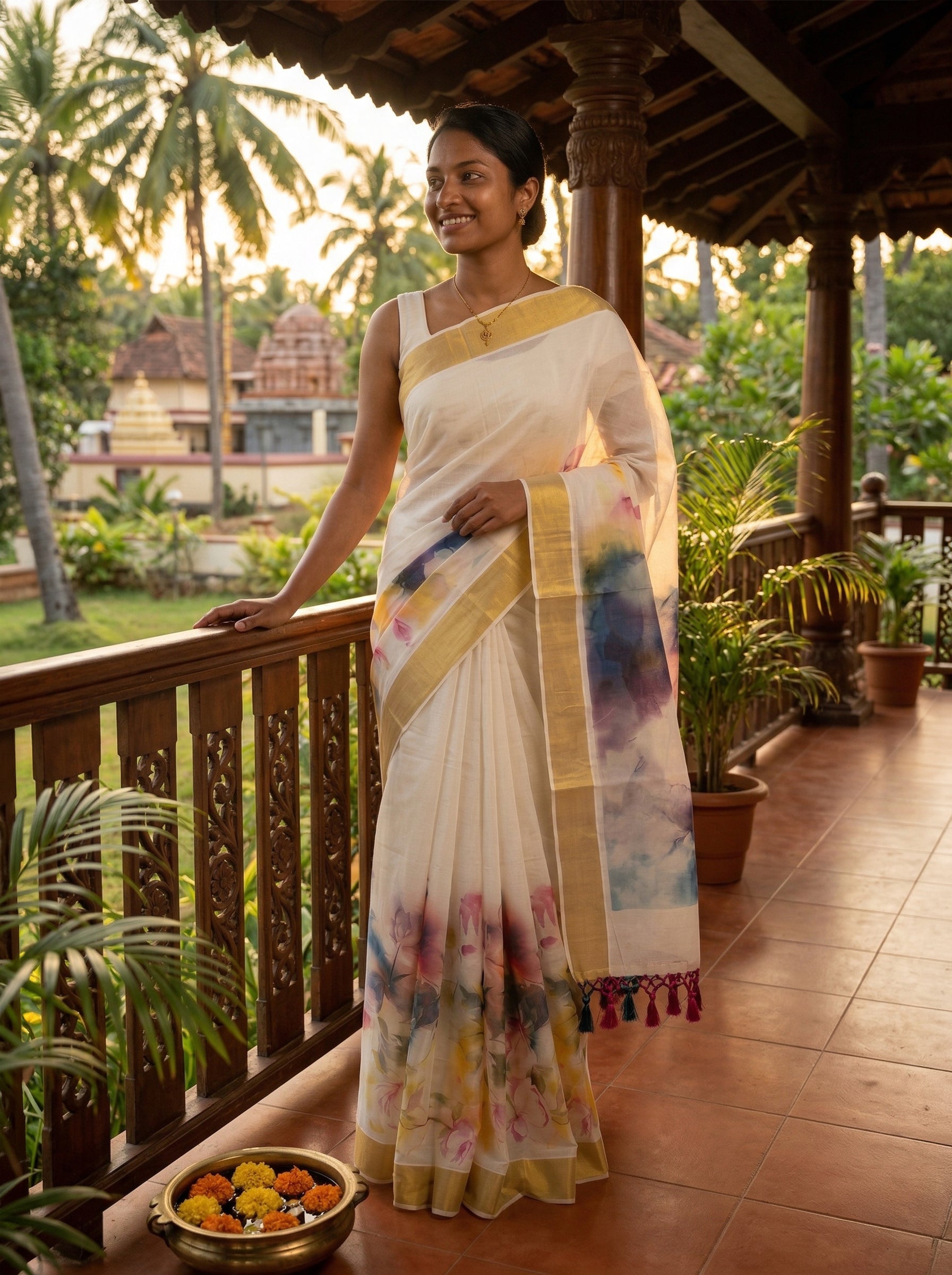 Woman in a traditional saree standing on a veranda with a garden view