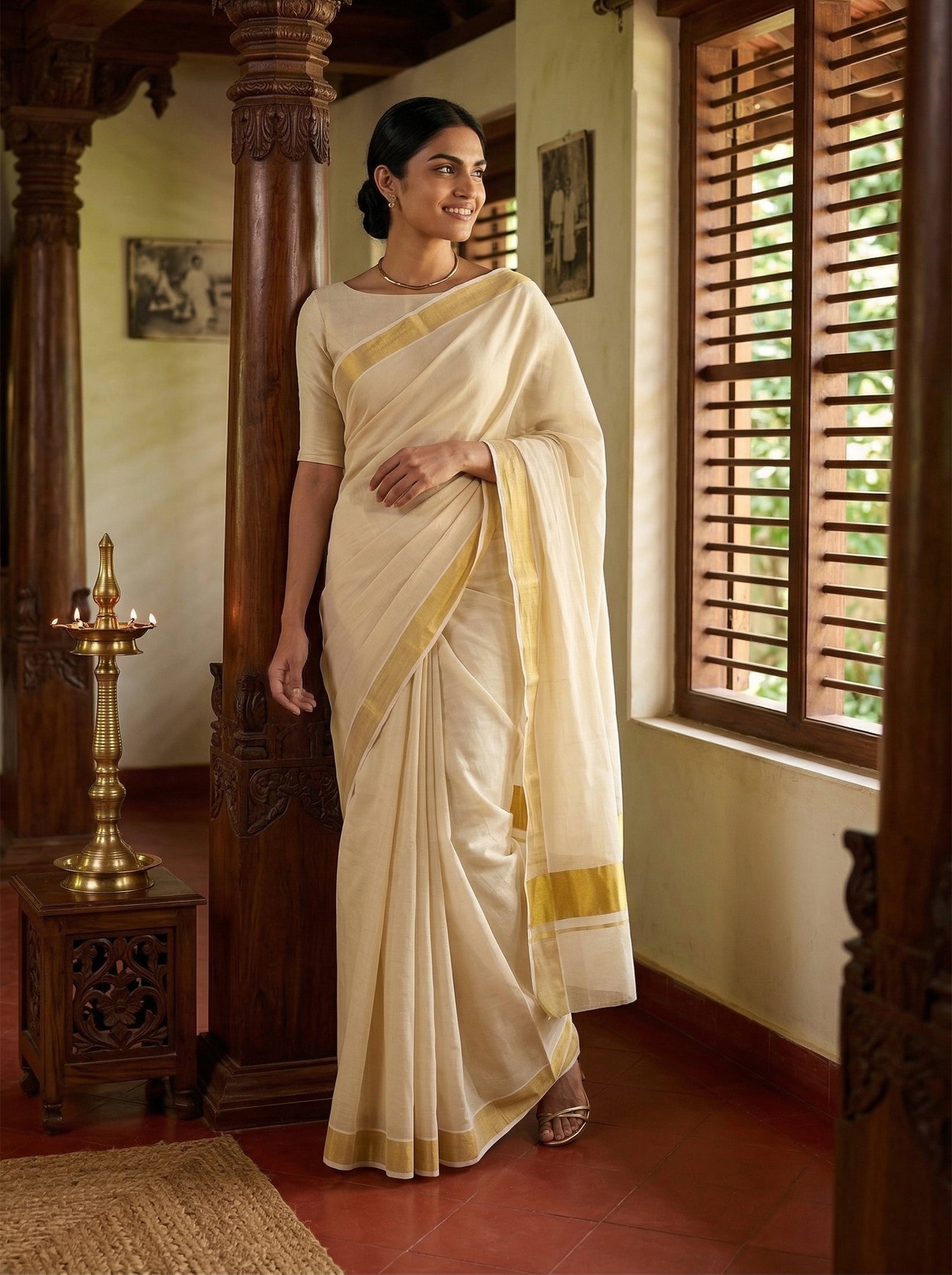 Woman in a white saree with gold border standing in a traditional setting.