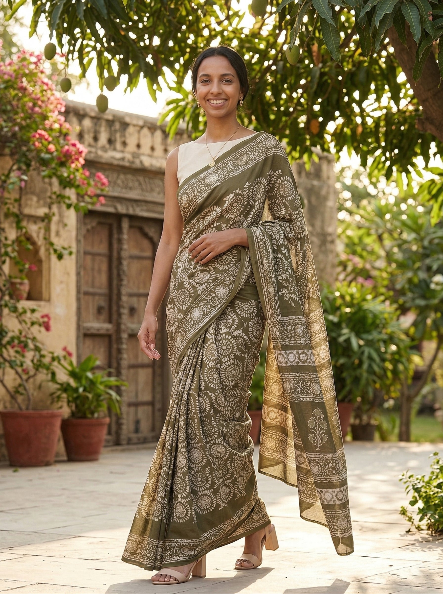 Chanderi Cotton Olive Green Floral Printed Saree