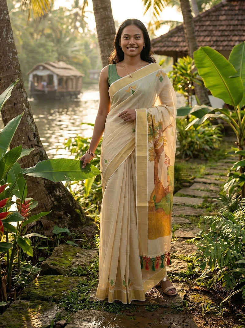 Woman in a traditional saree standing in a lush green outdoor setting with water and buildings in the background.