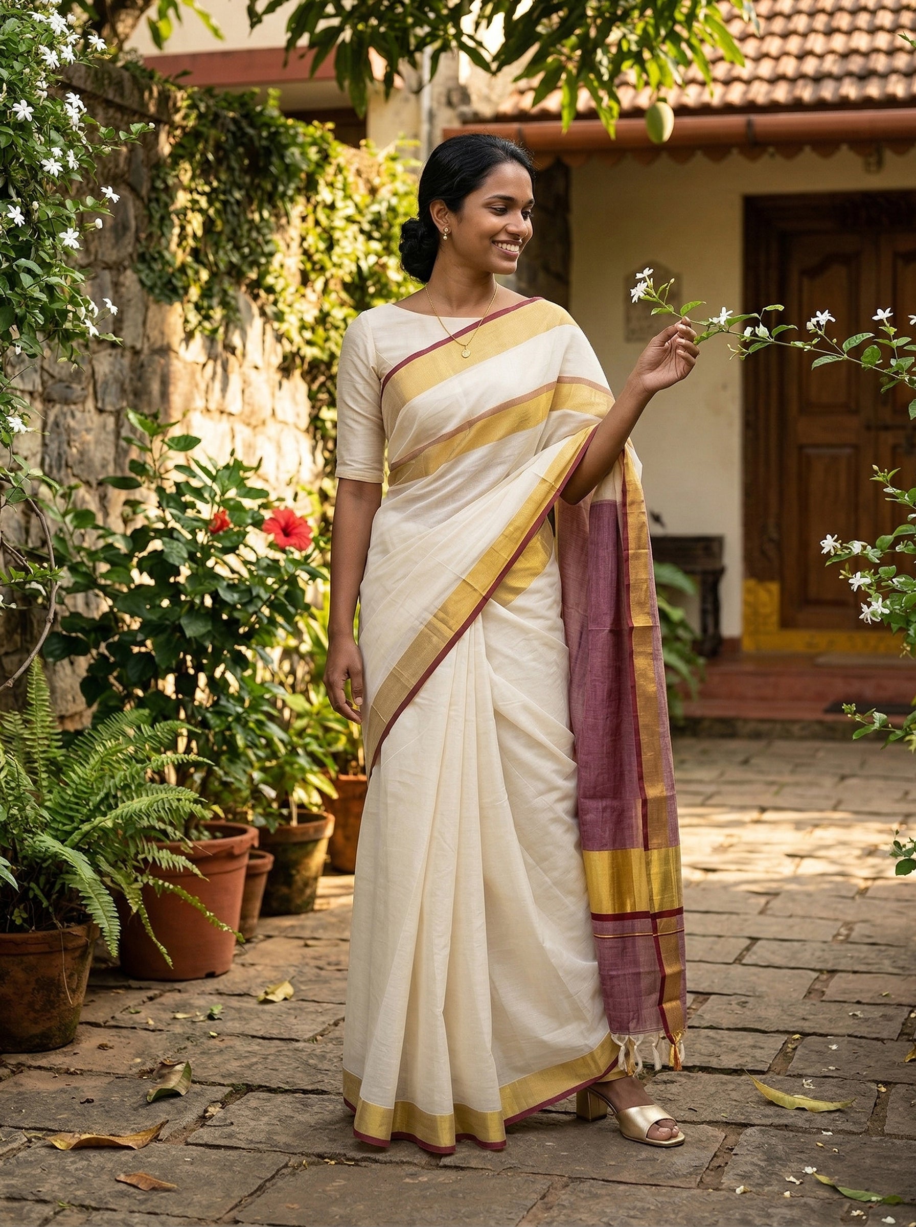 Woman in a white saree with gold and pink border standing outdoors near plants and a house.