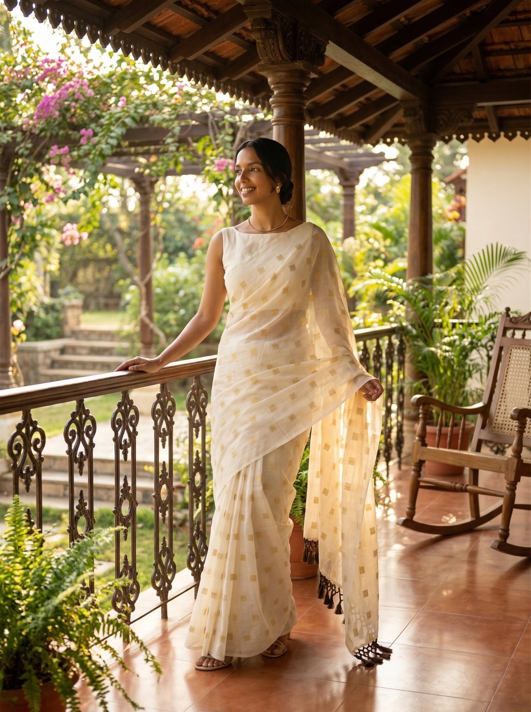 Woman in a white saree standing on a balcony with decorative railings and plants.