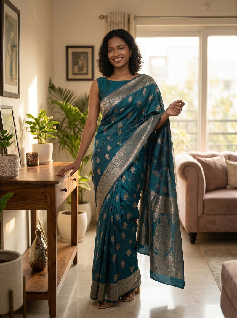 Woman in a blue saree standing in a living room