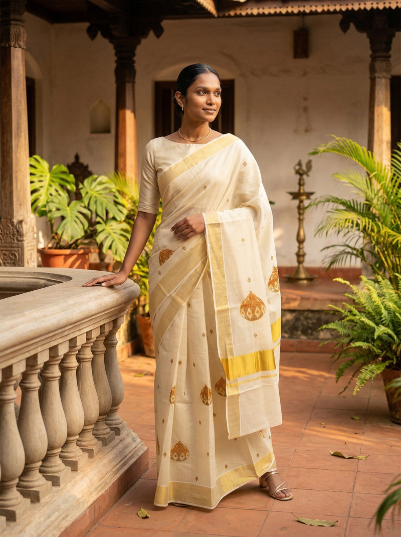 Woman in a traditional saree standing in an outdoor setting with plants and architectural elements.