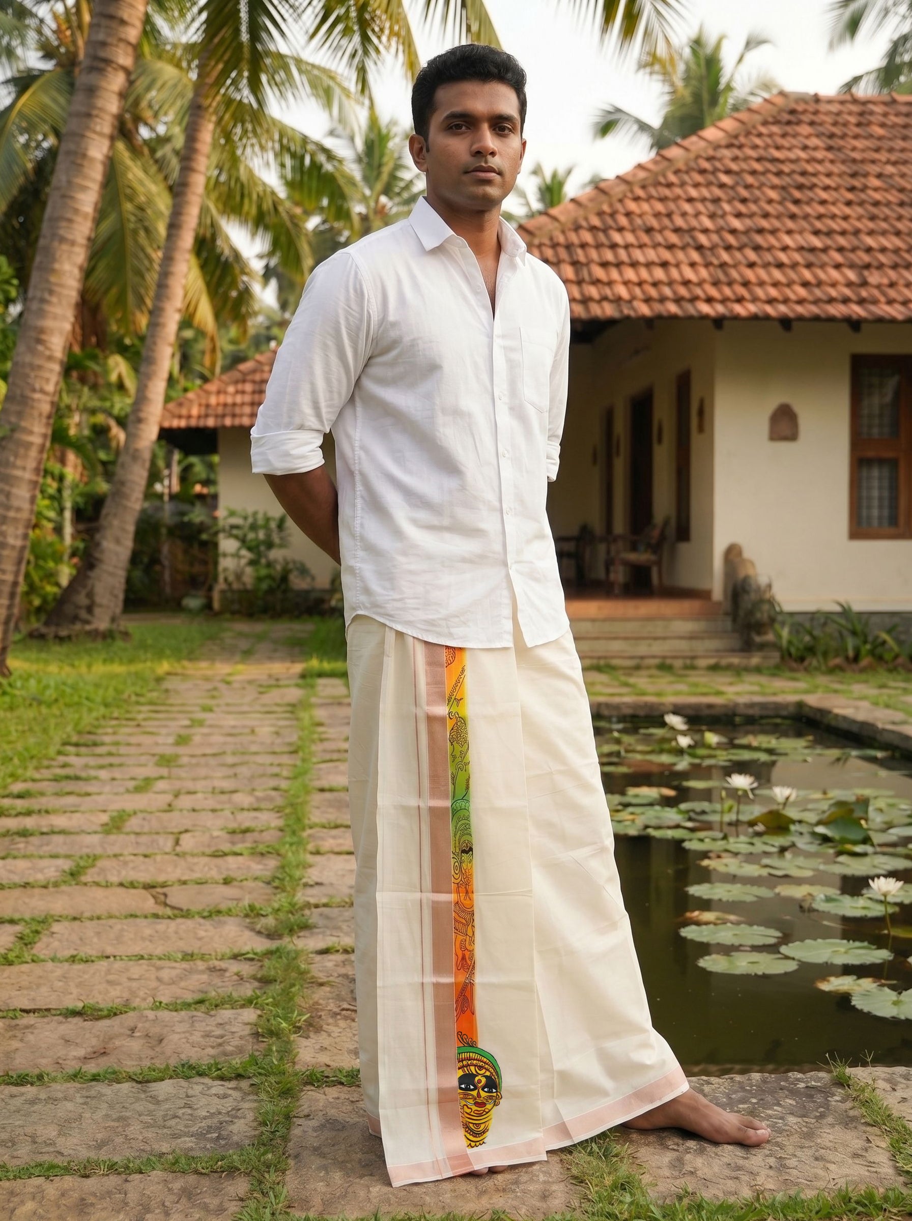 Men's Cotton Cream Theyyam Mural Hand Painted With Rose Gold Kasavu Dhoti