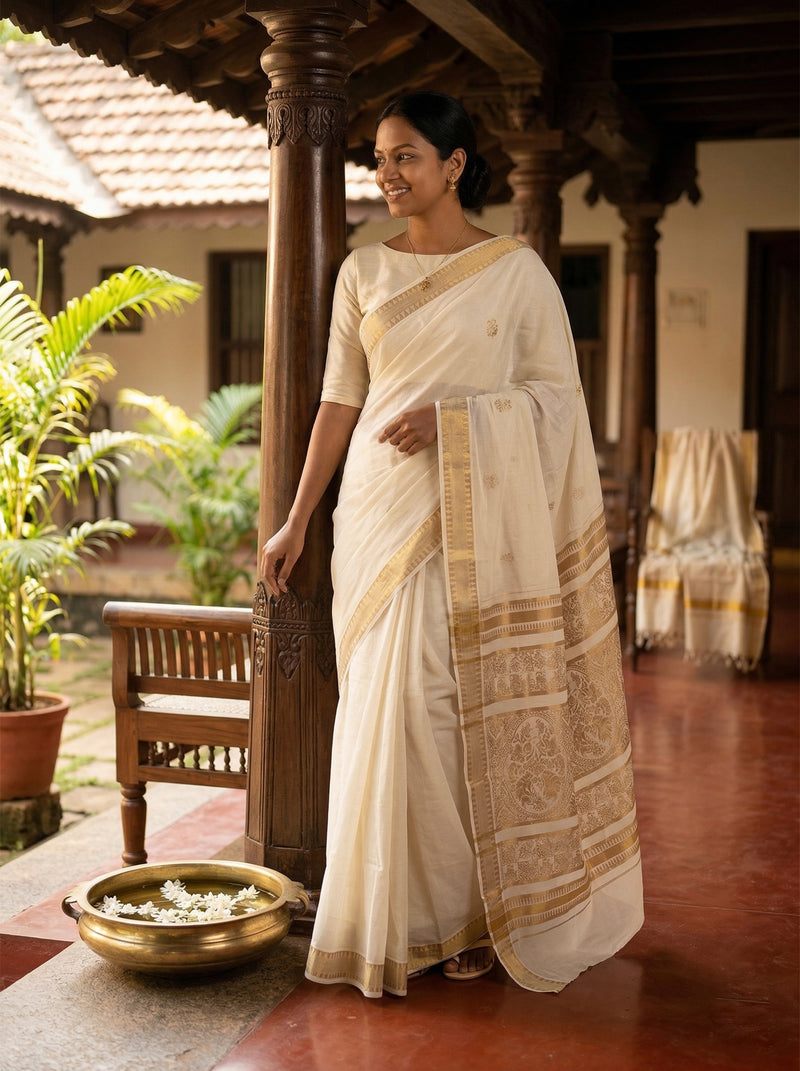 Woman in a white saree standing in a traditional setting with plants and wooden furniture.