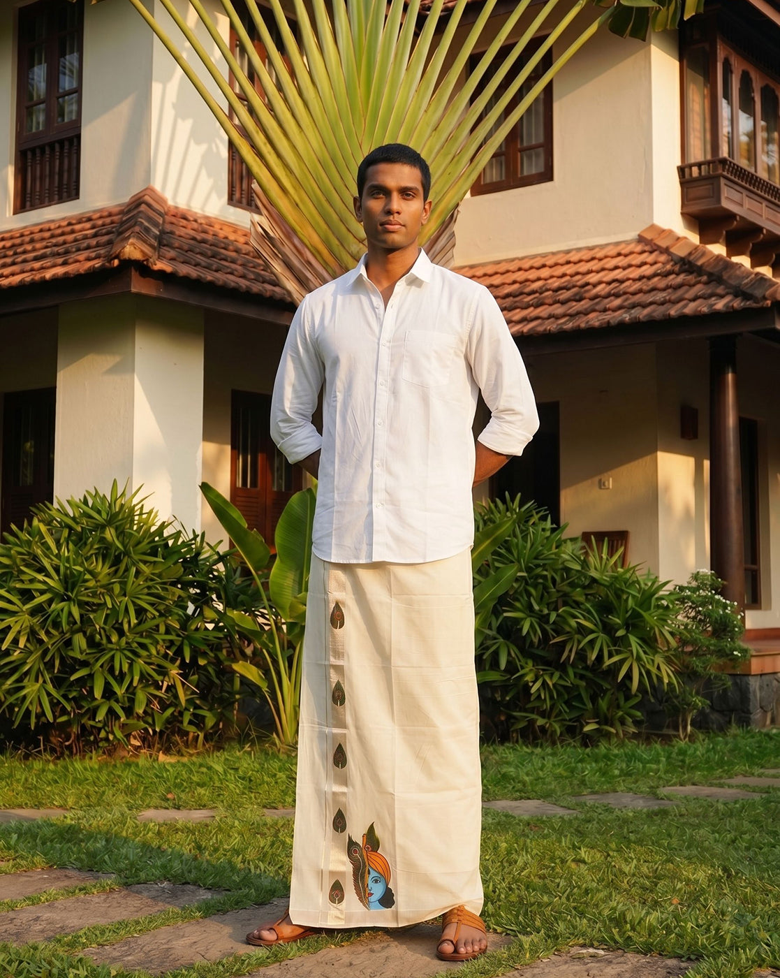 Men's Cotton Cream Lord Krishna Mural Painted With Antic Silver Kasavu Kerala Dhoti
