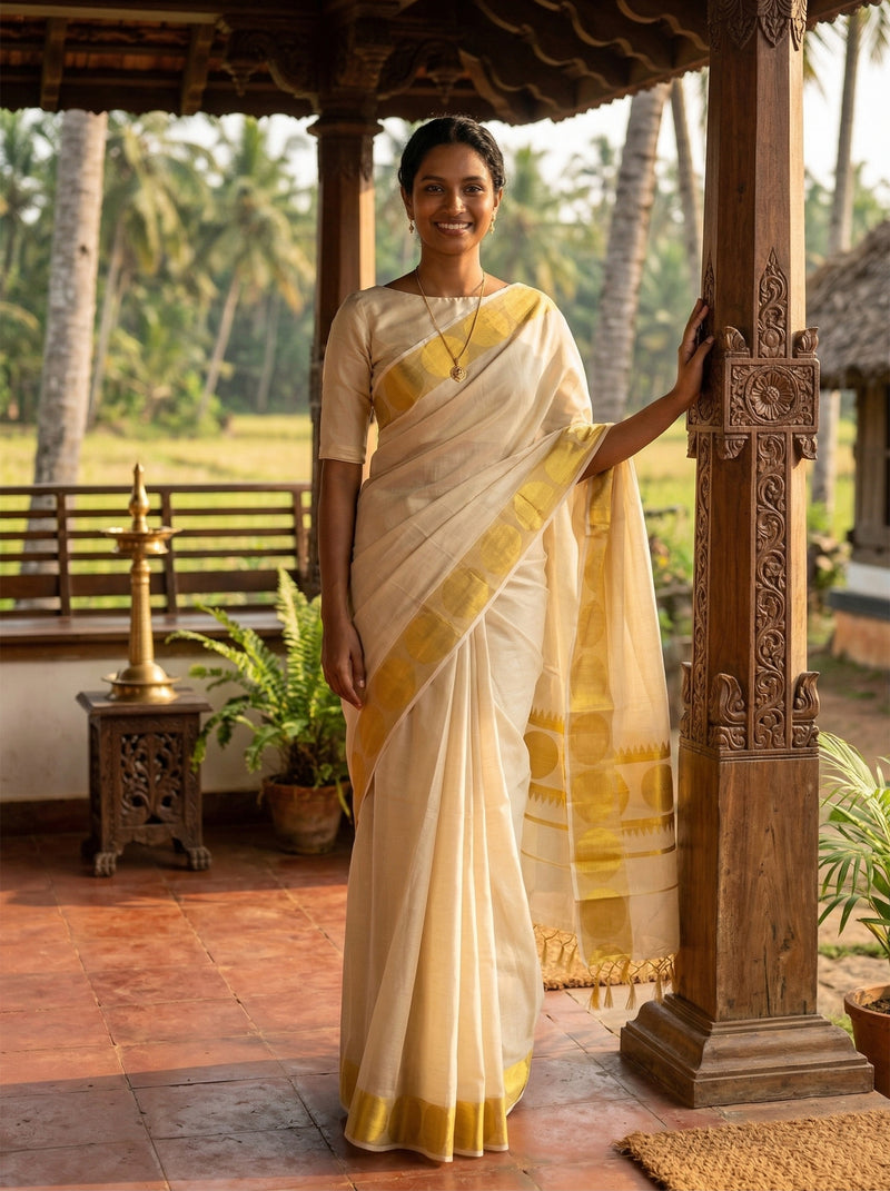 Woman in a traditional saree standing in a rustic outdoor setting with palm trees in the background.