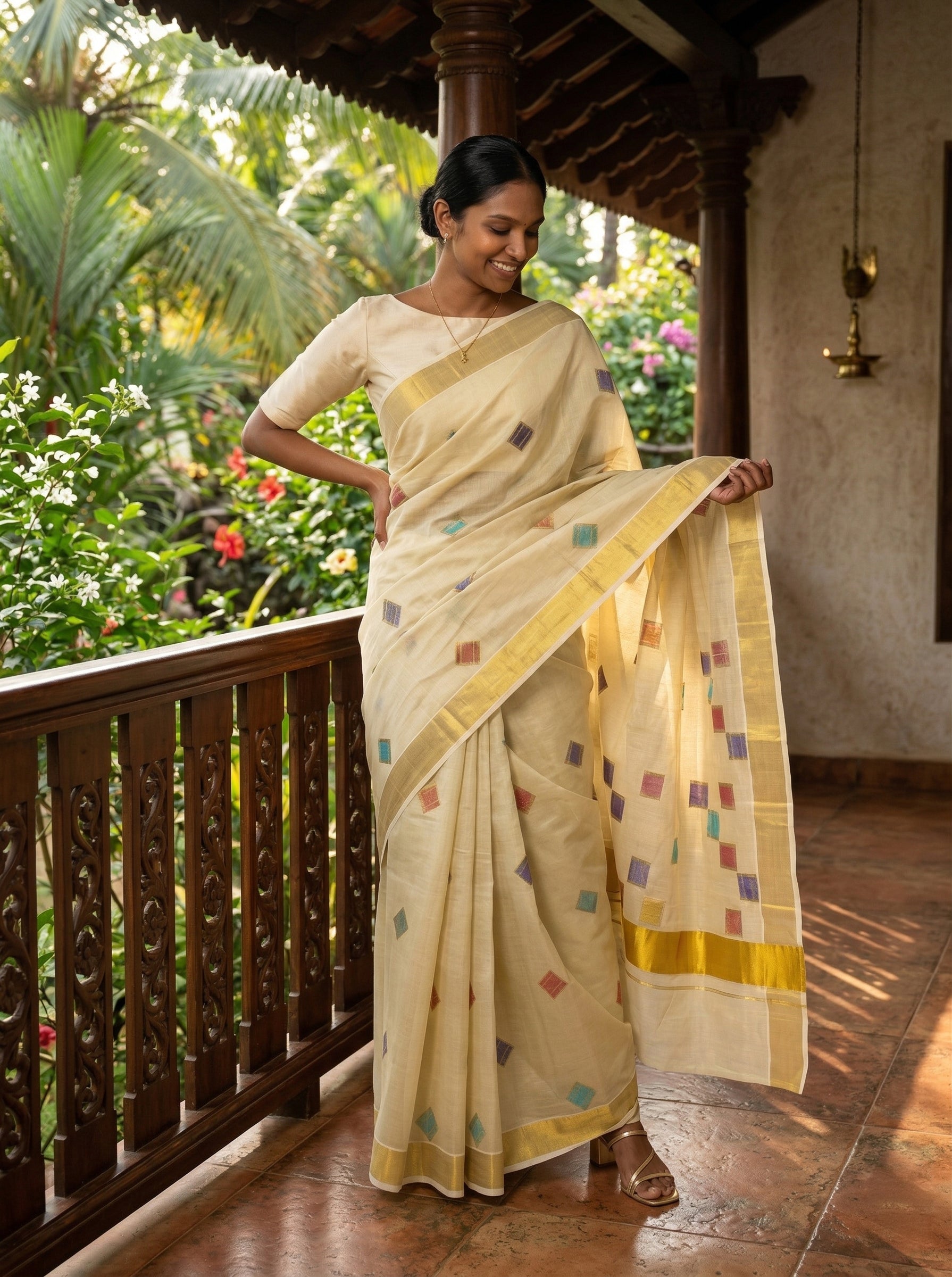 Woman in a traditional saree standing on a wooden floor with a garden background