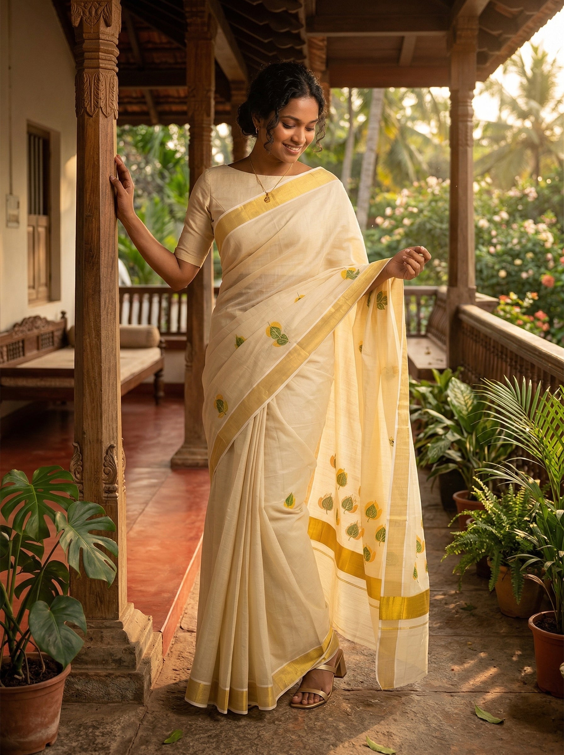 Woman in a white saree with yellow border standing on a porch with plants and trees in the background