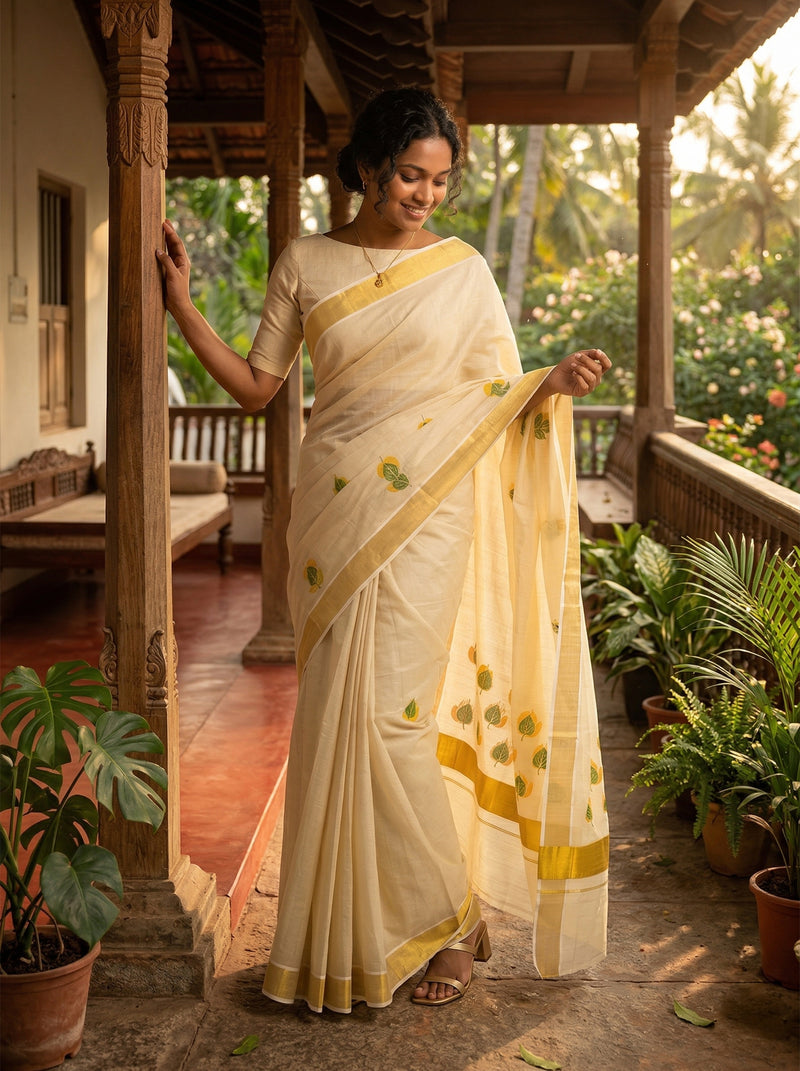 Woman in a white saree with yellow border standing on a porch with plants and trees in the background