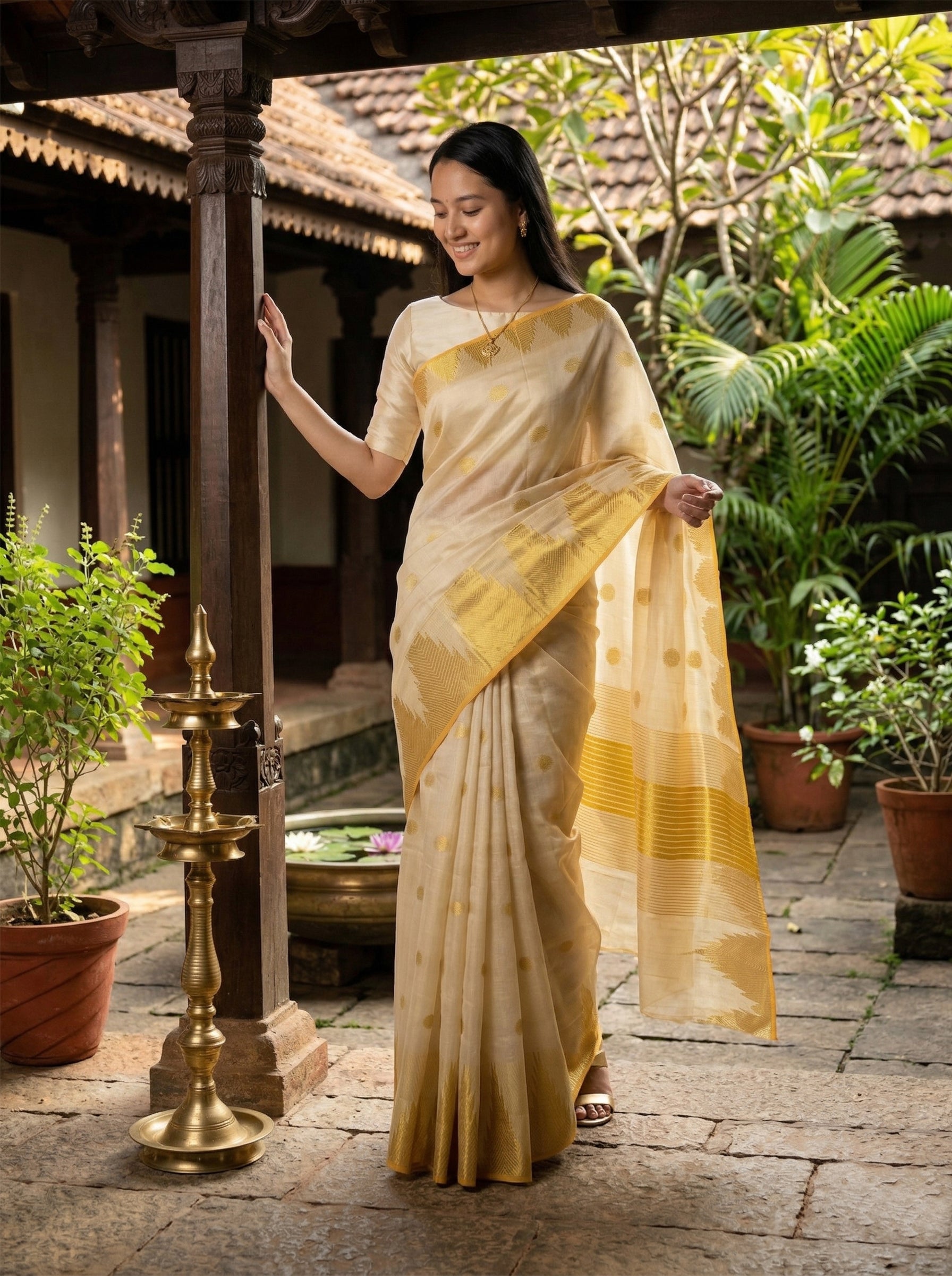 Woman in a yellow saree standing in an outdoor setting with plants and traditional architecture.