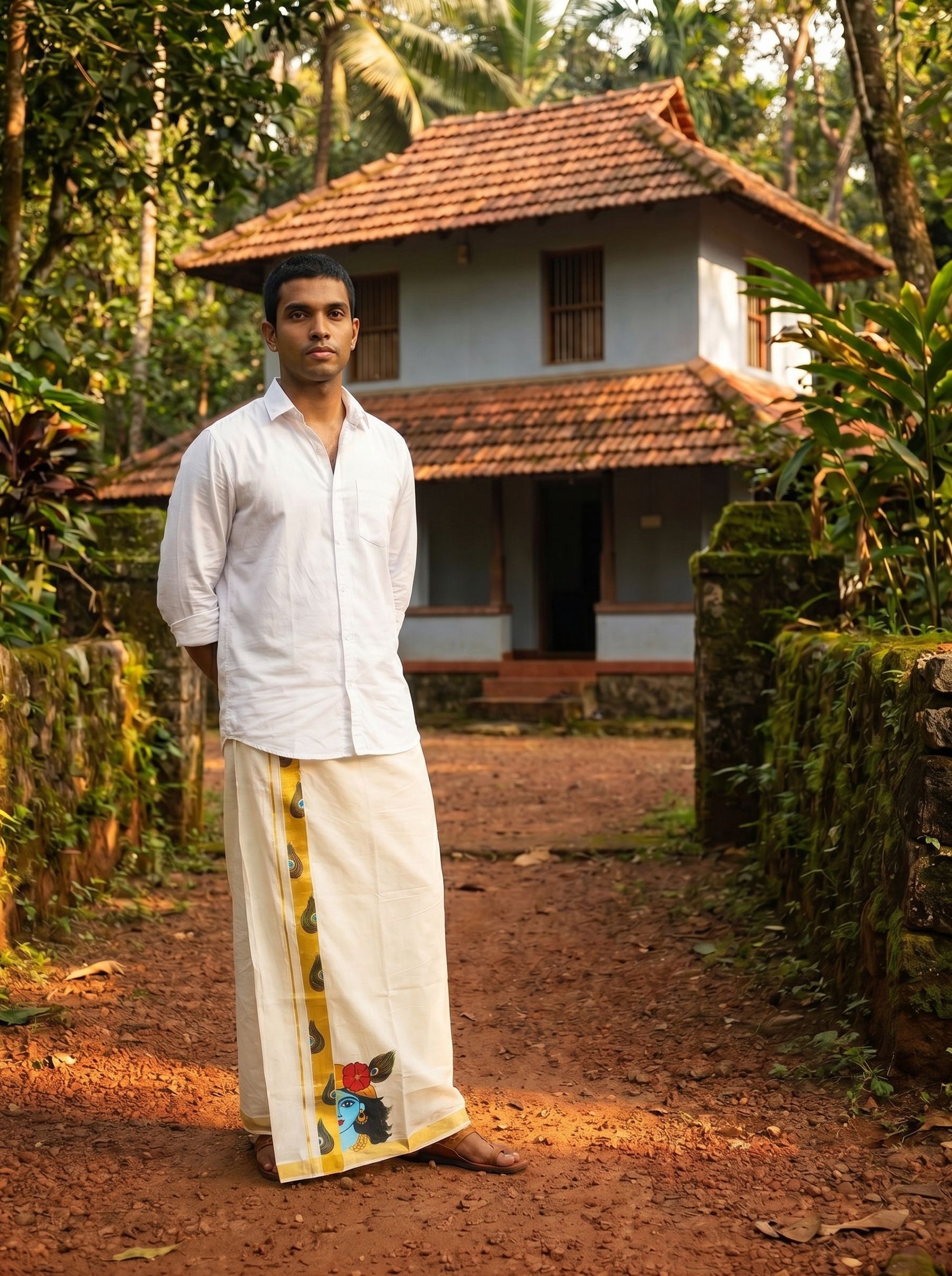 Man in traditional attire standing in front of a house with a garden