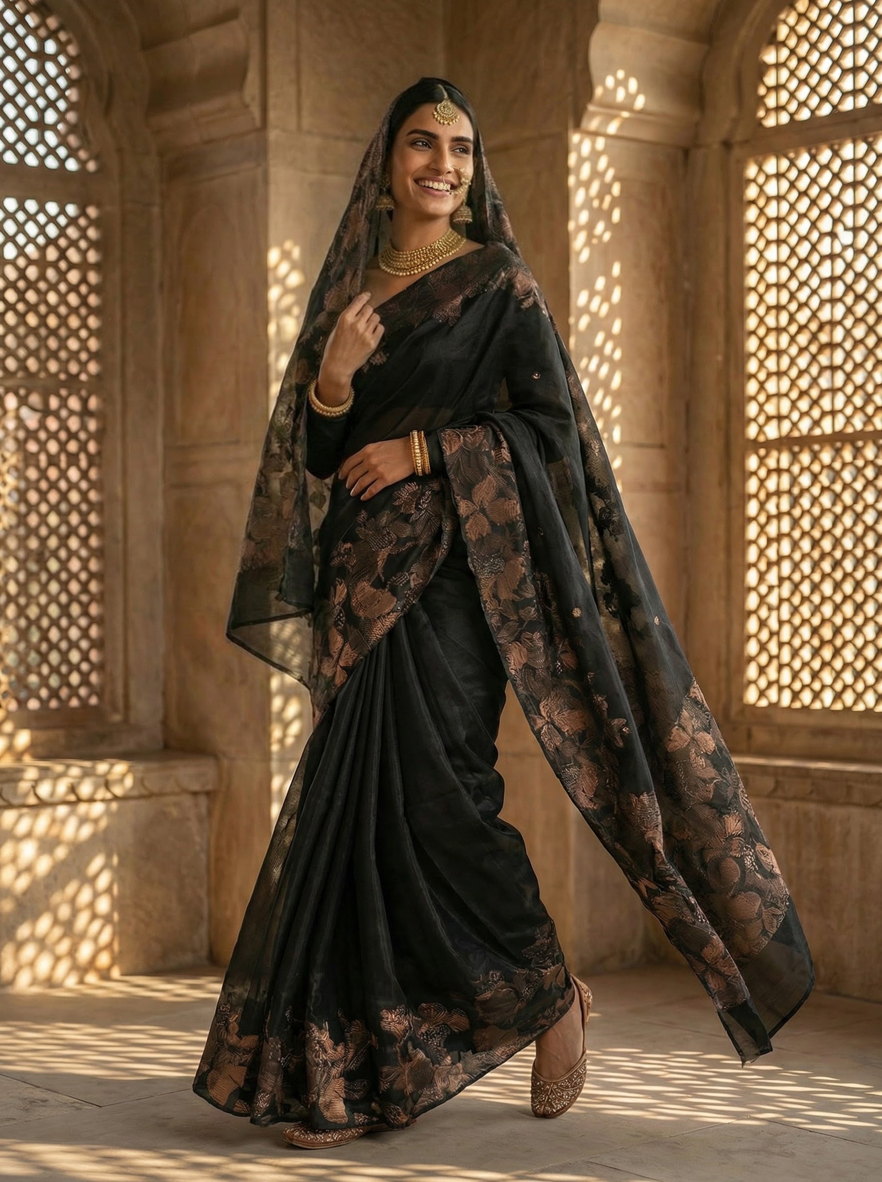 Obsidian Black Metallic Floral Saree