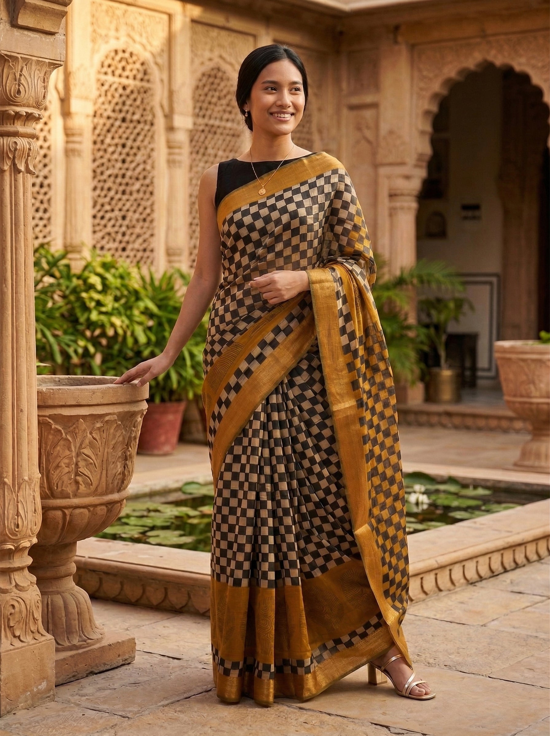 Chanderi Cotton Black Gold Checkered Designer Saree