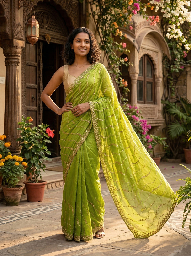 Woman in a green saree standing in front of a decorative building with flowers.