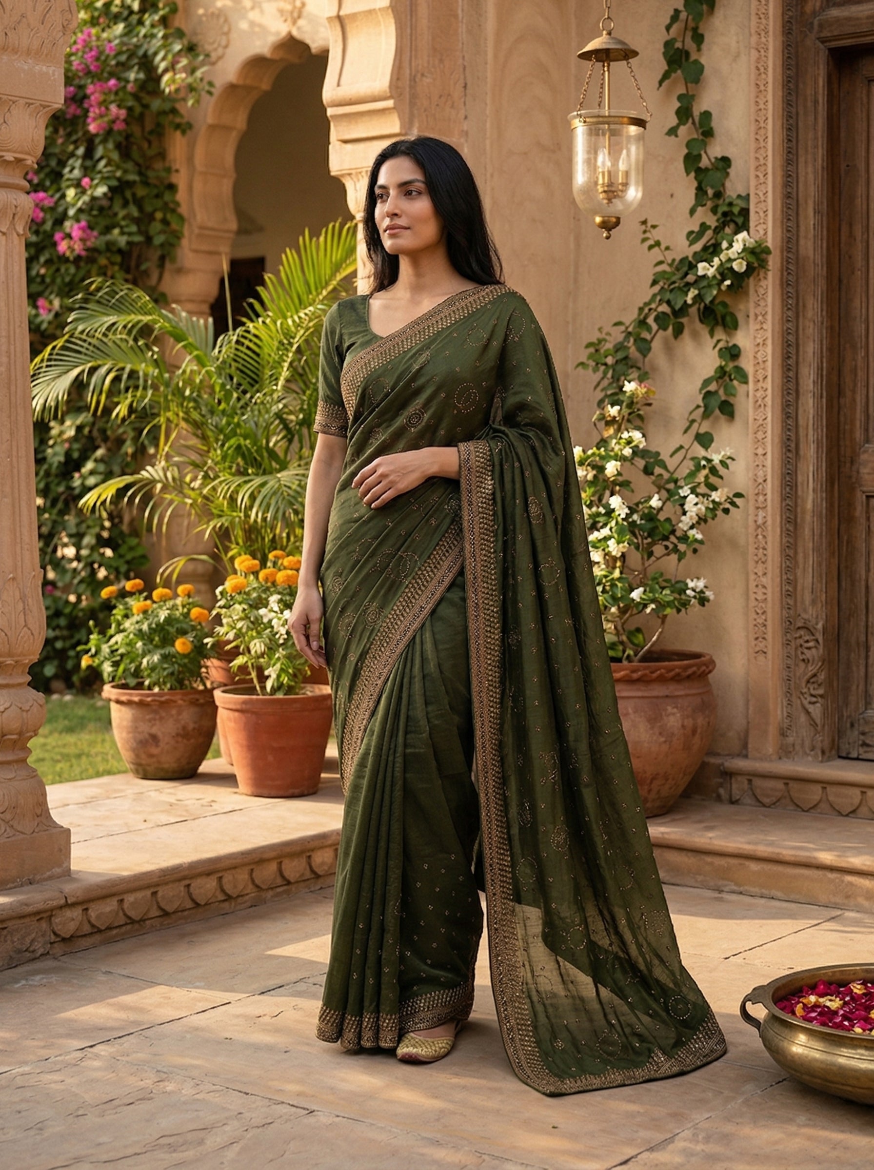 Woman in a green saree standing in an outdoor setting with plants and architectural elements.