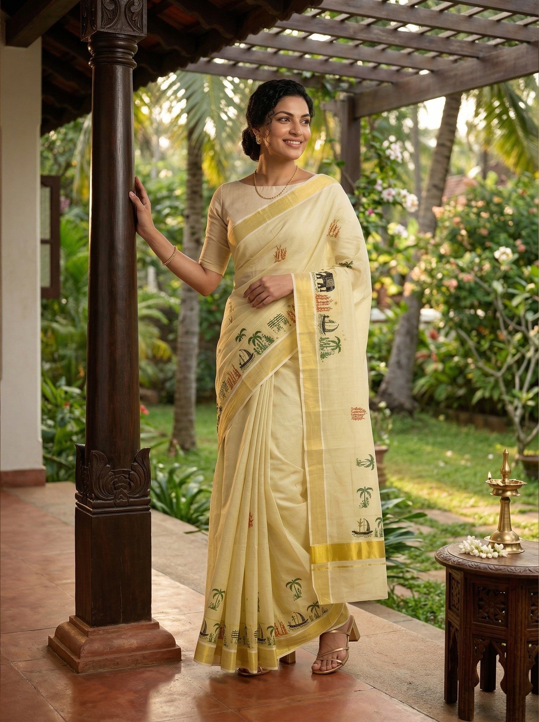 Woman in a traditional saree standing outdoors with greenery in the background