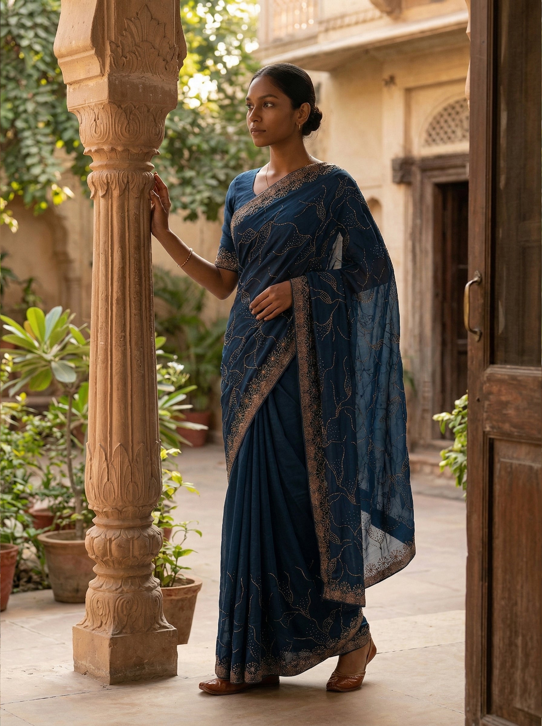Vijithra Silk Deep Navy Blue Floral Stone Work Designer Saree