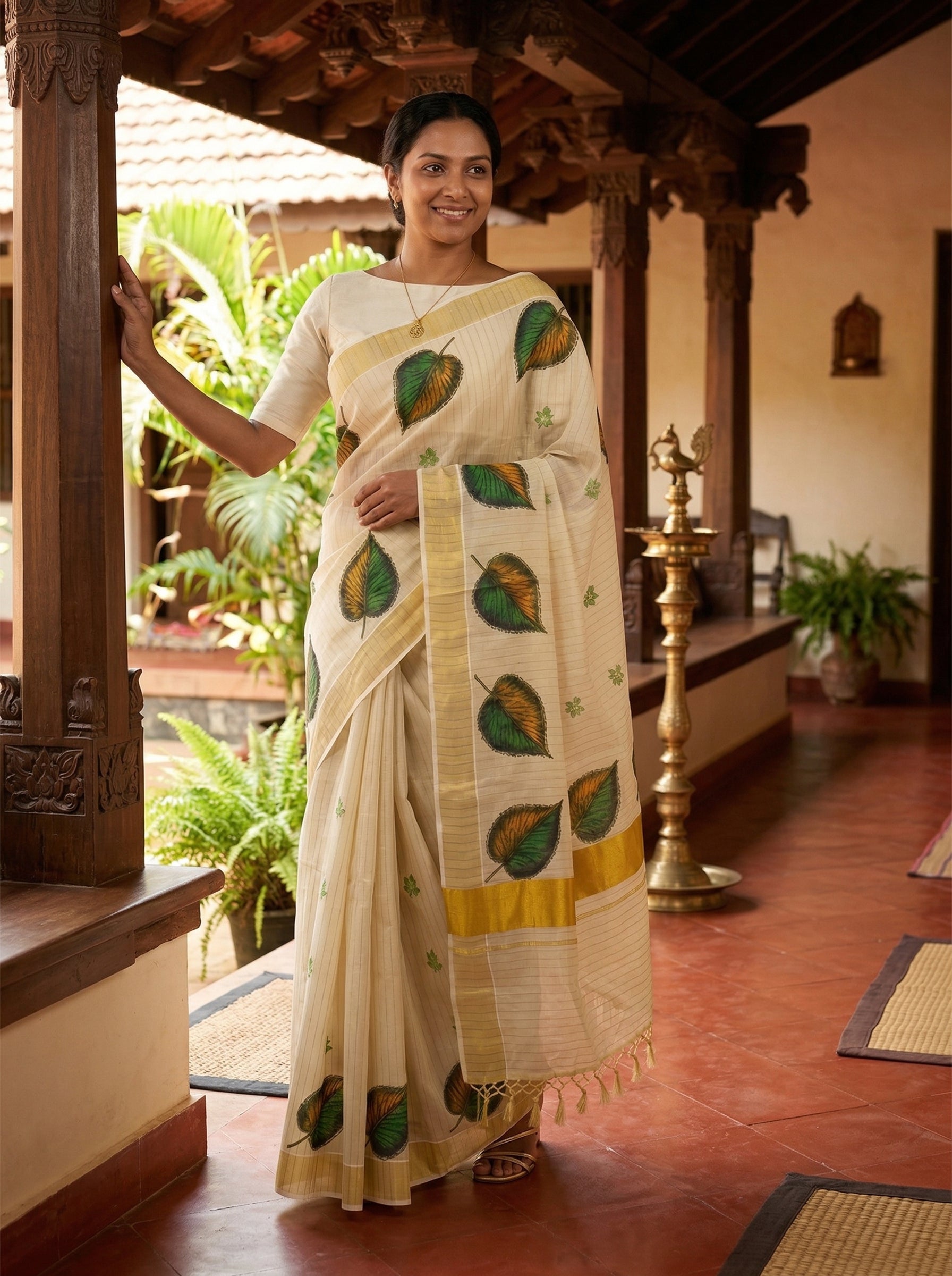 Woman wearing a traditional saree with leaf patterns in a home setting