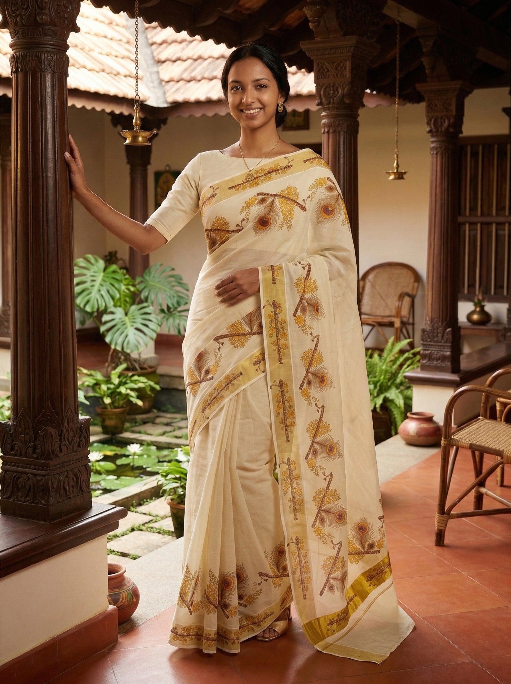 Woman in a traditional saree standing in a decorative indoor setting with plants and architectural elements.