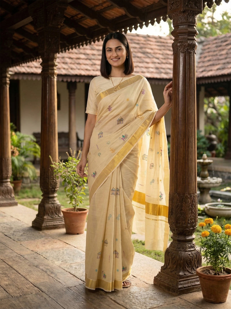 Woman in a traditional yellow saree standing in an outdoor setting with wooden pillars and plants.