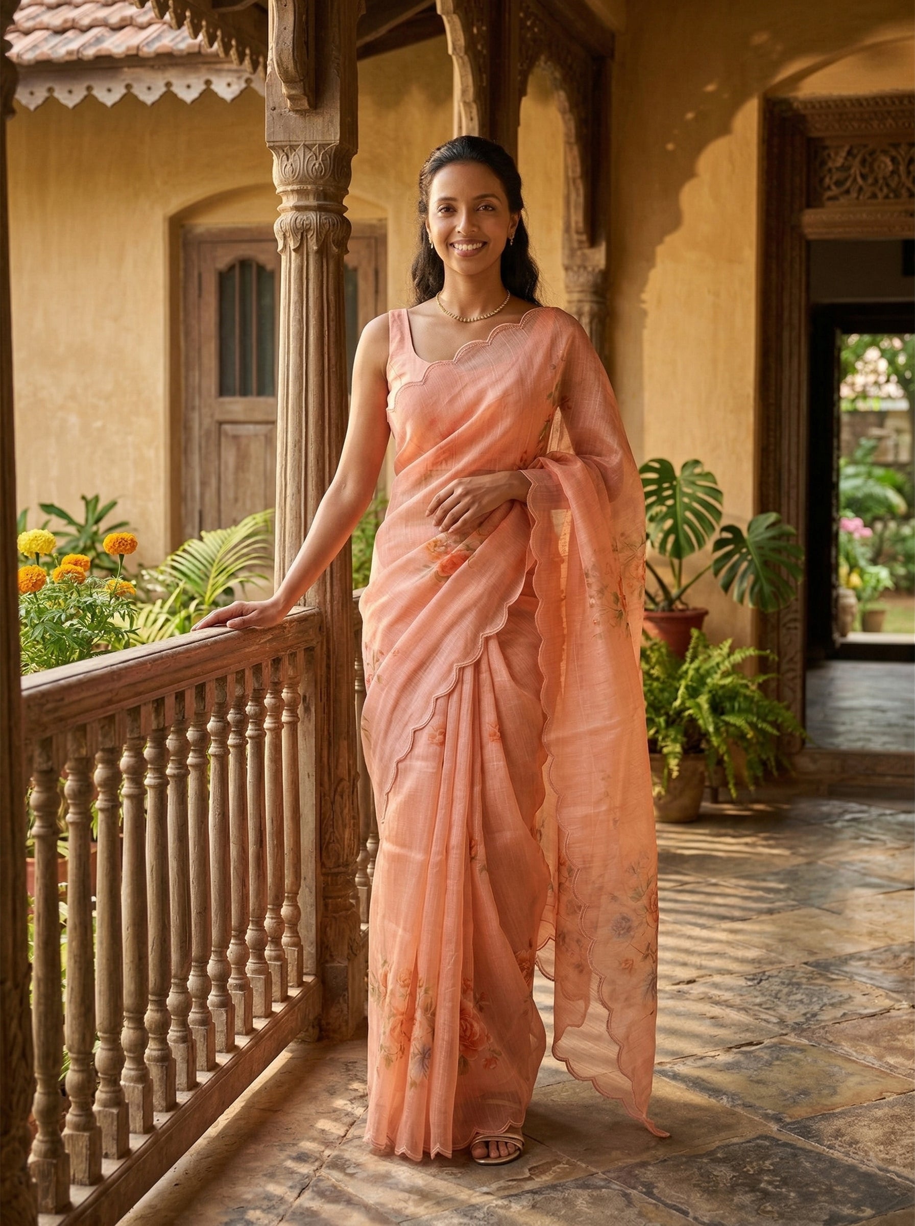 Organza Soft Peach Embroidered Saree