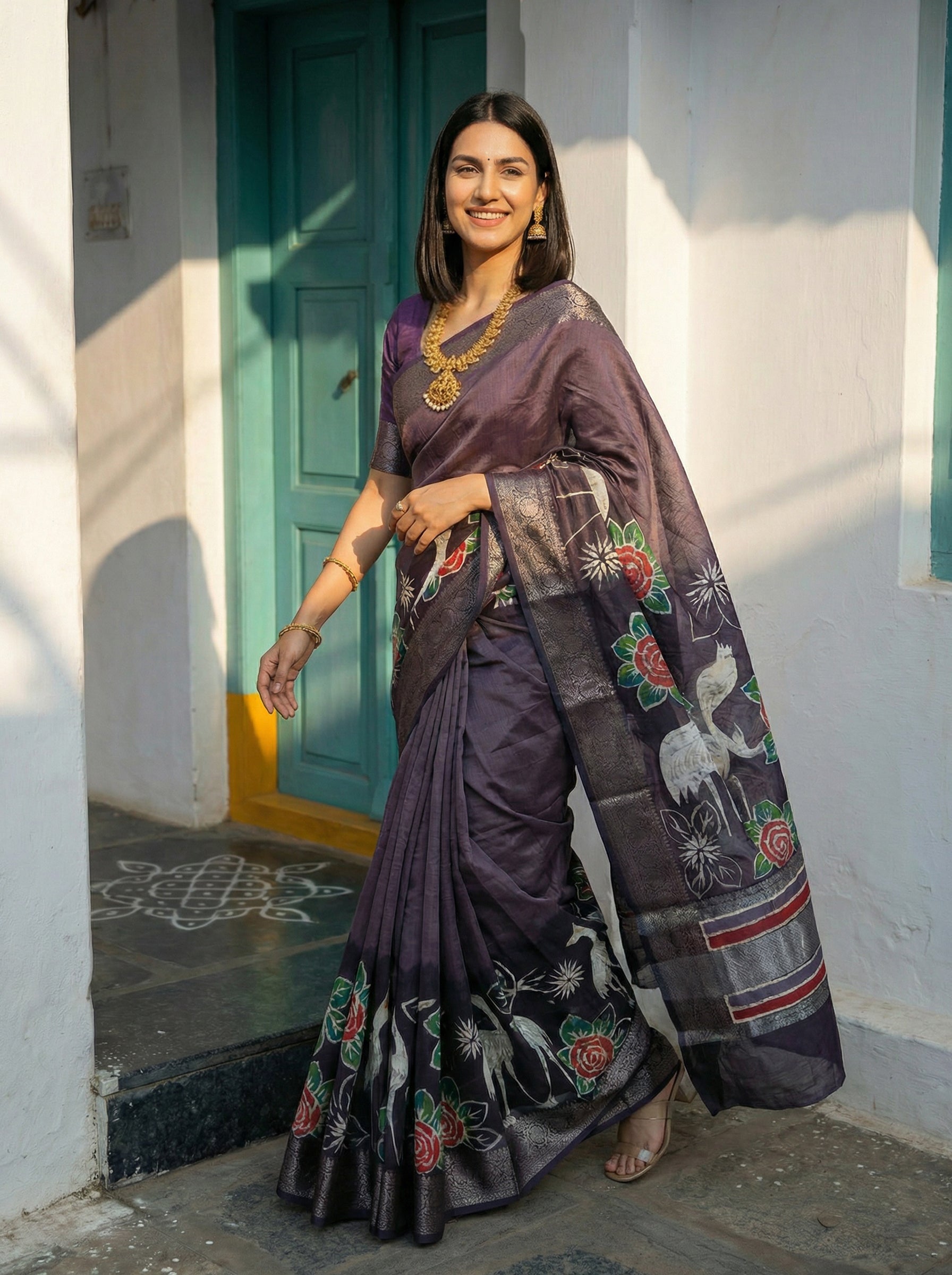 Cotton Elegant Plum Saree with Floral and Bird Design
